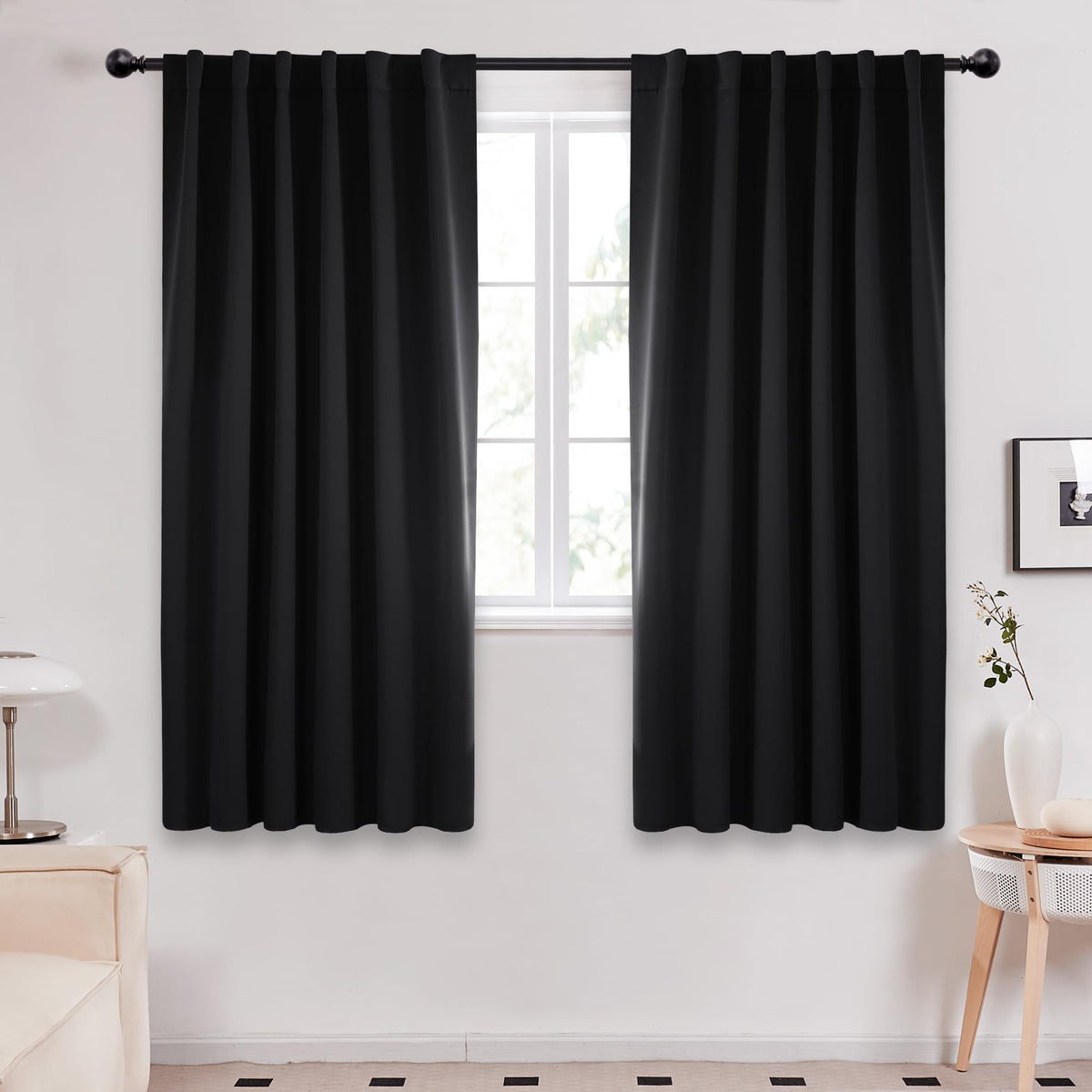 Deconovo Back Tab And Rod Pocket Blackout Curtains - (Black Color, 52X63 Inch, 2 Panles), Thermal Insulated Blackout Curtains Fo