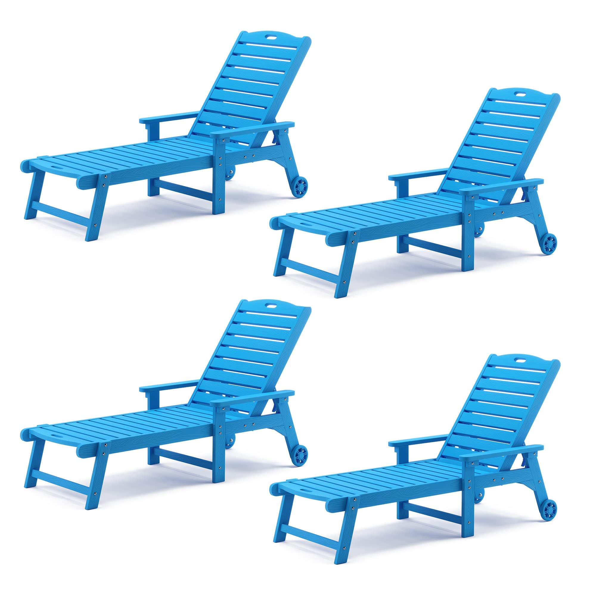 Lue Bona Outdoor Chaise Lounge Chairs Set Of 4, 79'' Oversized Hdps Chaise Lounger, 5 Positions Adjustable Lounge Chairs, Pool Lounge Chair With Wheels For Poolside, Backyard, 3 Year Warranty, Blue