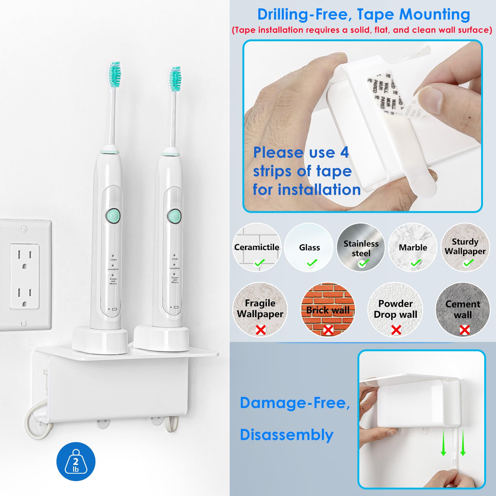 Oaprire Electric Toothbrush Holder For Bathroom, 2 Pack Acrylic Electric Toothbrush Holder Wall Mounted Come With Cable Organize