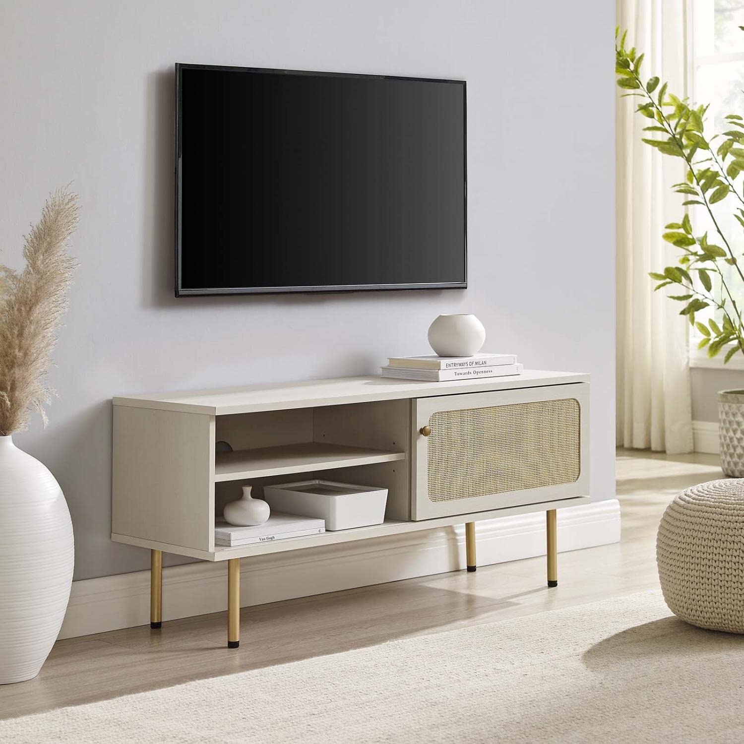 Modway Cambria Rattan and Particleboard TV Stand for TVs up to 47&quot; in White