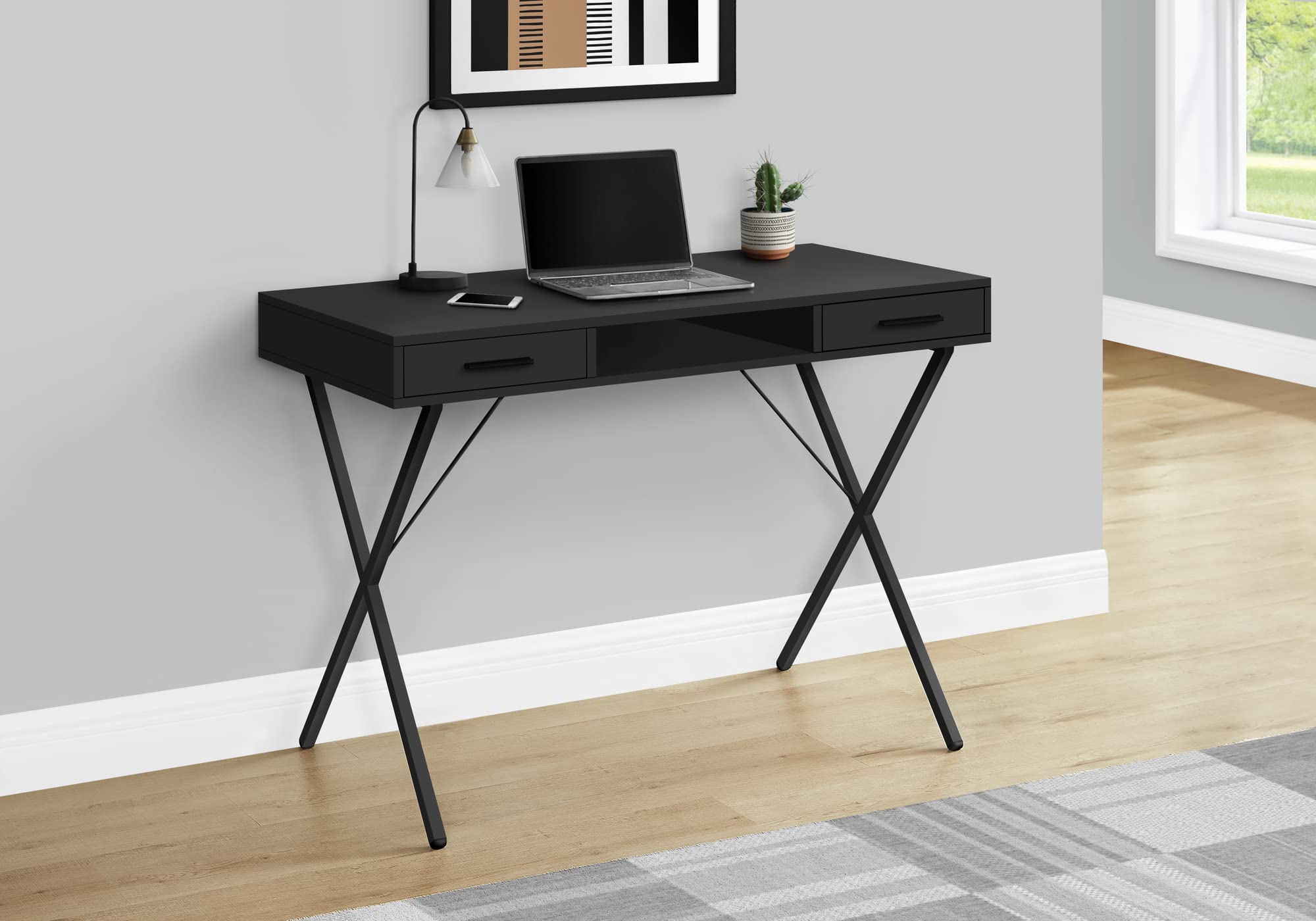 Monarch Specialties 7791 Computer Desk, Home Office, Laptop, Left, Right Set-up, Storage Drawers, Work, Metal, Laminate, Contemporary, Modern Desk-42 L Black Black, 42&quot; L x 20&quot; W x 30&quot; H