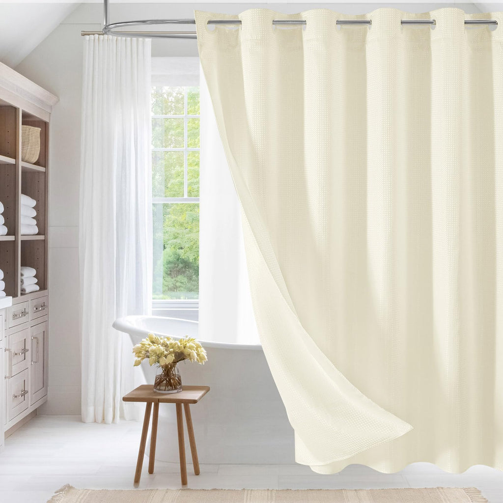 MitoVilla No Hooks Needed Extra Long Shower Curtain Set with Snap-in Liner, Ivory 86 inch XL Heavyweight Waffle Fabric Cloth Sho