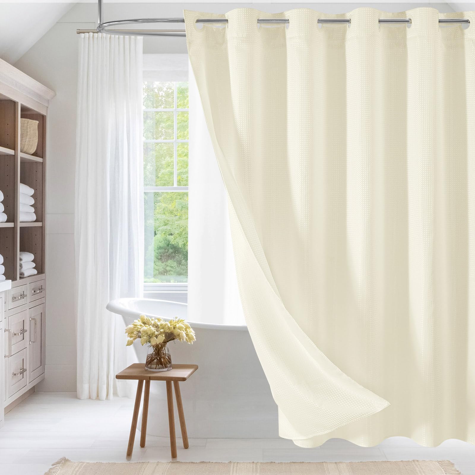 MitoVilla No Hooks Needed Extra Long Shower Curtain Set with Snap-in Liner, Ivory 86 inch XL Heavyweight Waffle Fabric Cloth Sho