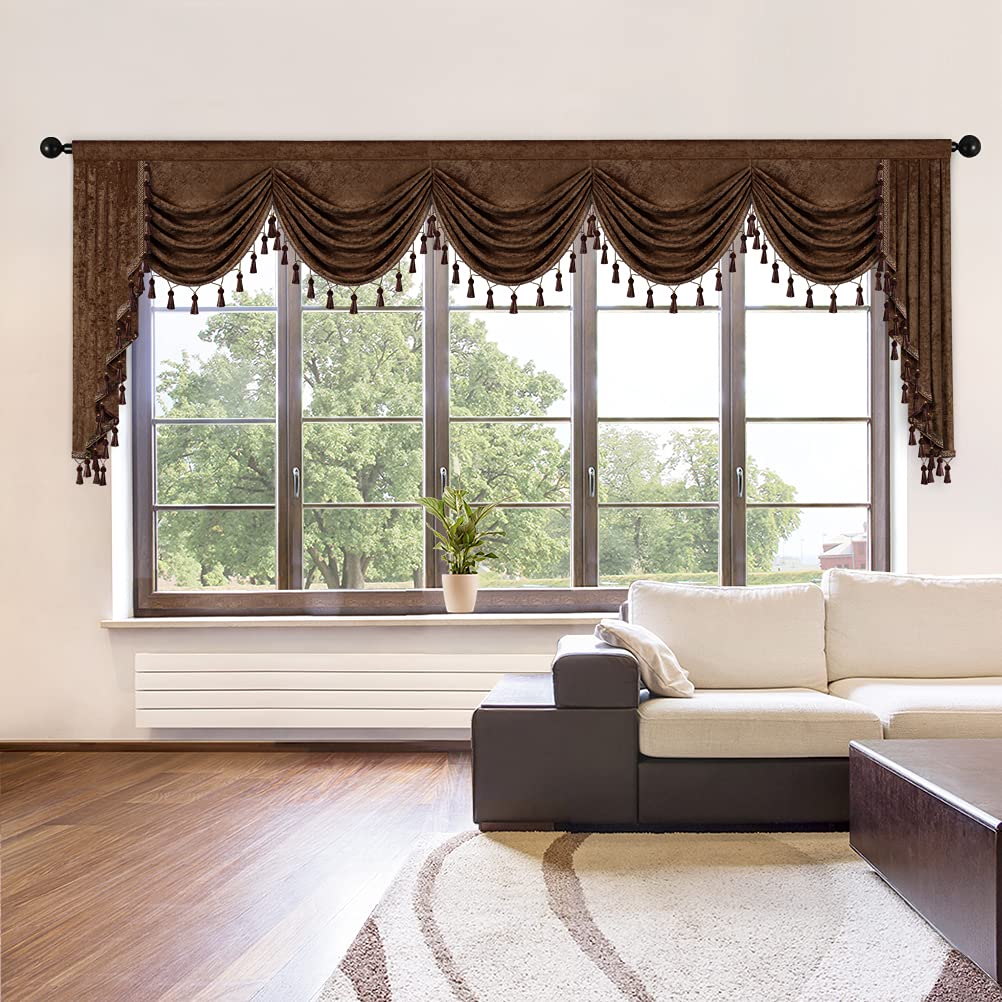 Elkca Thick Chenille Window Curtains Valance For Living Room Luxury Chocolate Curtain Valance For Bedroom (W138Inch, 1 Panel)