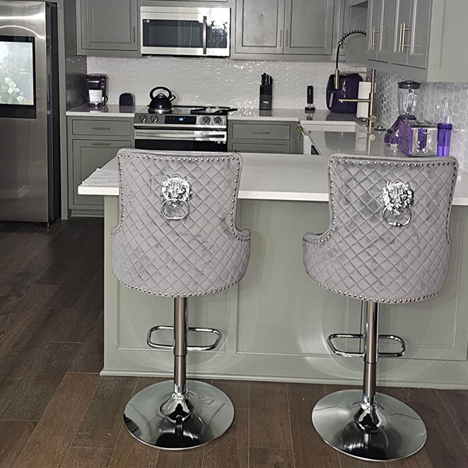 Chummaven Velvet Adjustable Swivel Barstools Set of 2 with High Tufted Back, Modern Counter Height Stools with Chrome Base Footr
