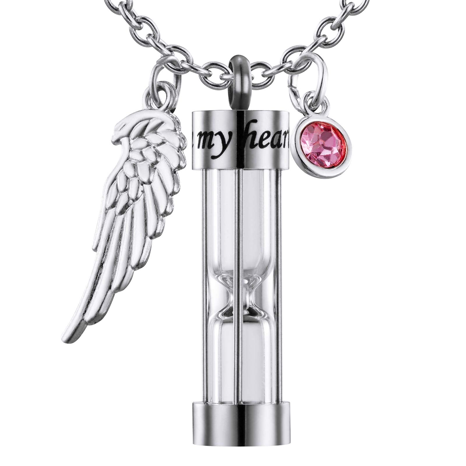 PREKIAR Cremation Urn Necklace for Ashes Time Hourglass Memory Jewelry Pendant Keepsake with Angel Wing and 12 Birthstones Forev