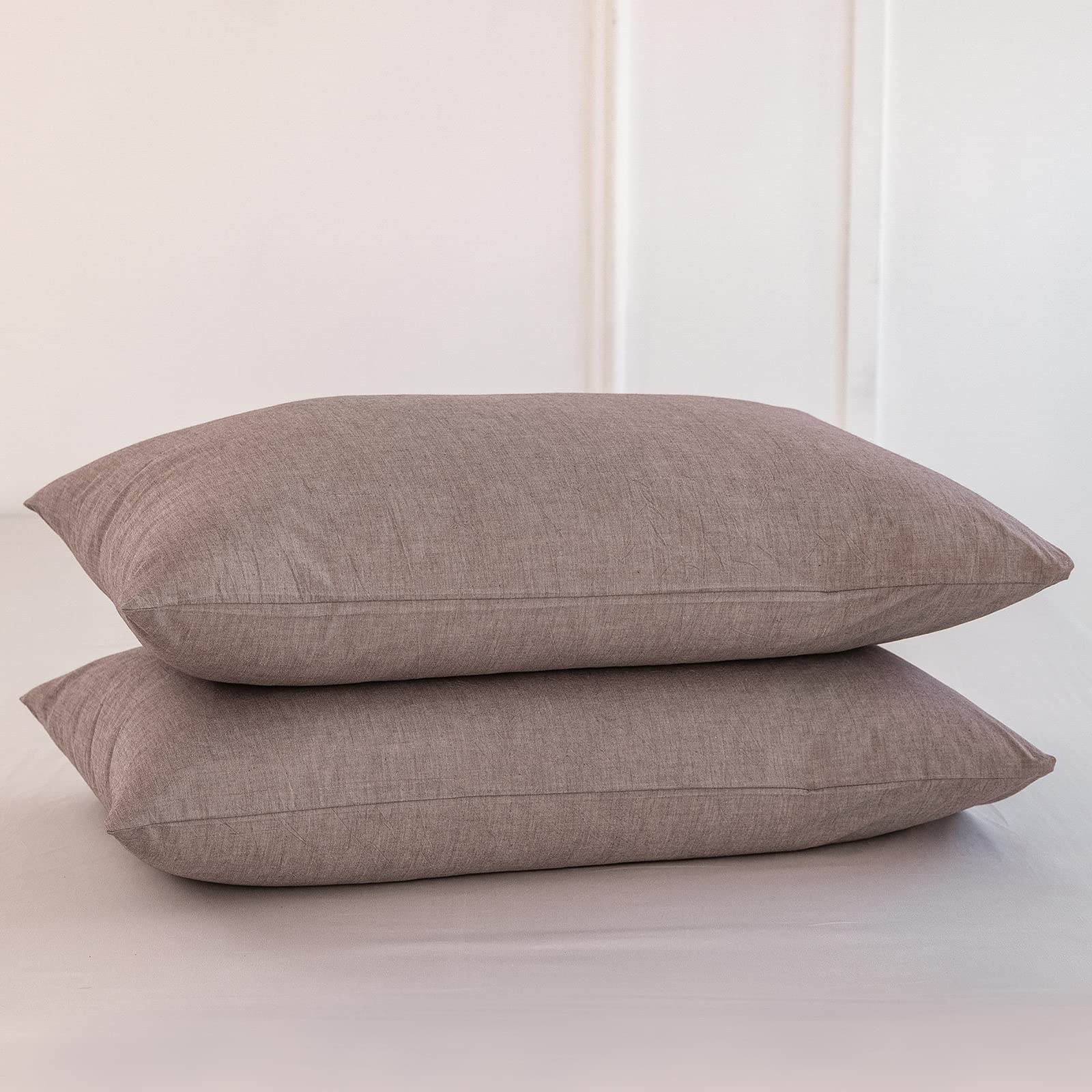 Moomee Bedding Pillowcases Pack Of 2 100% Washed Cotton Linen Like Textured Breathable Durable Soft Comfy (Mauve Brown, King)
