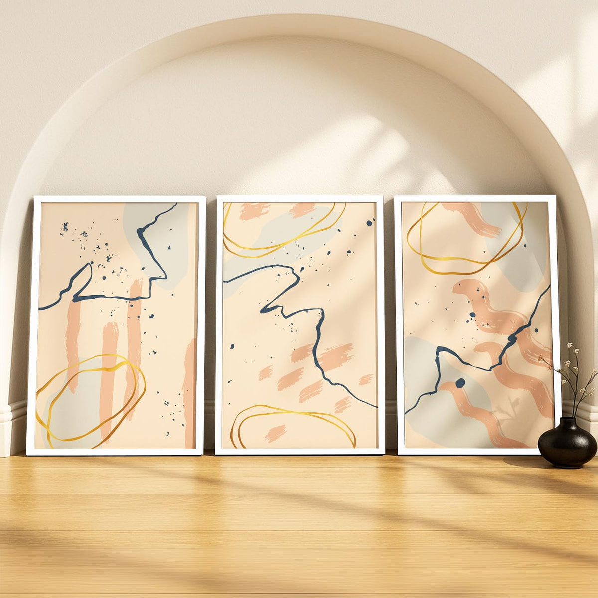 SoulAbiti Soft Peach Squiggles set of 3 Framed Wall Print 12x18 inch White Frame PlexiGlass Abstract Art ready to hang for livi