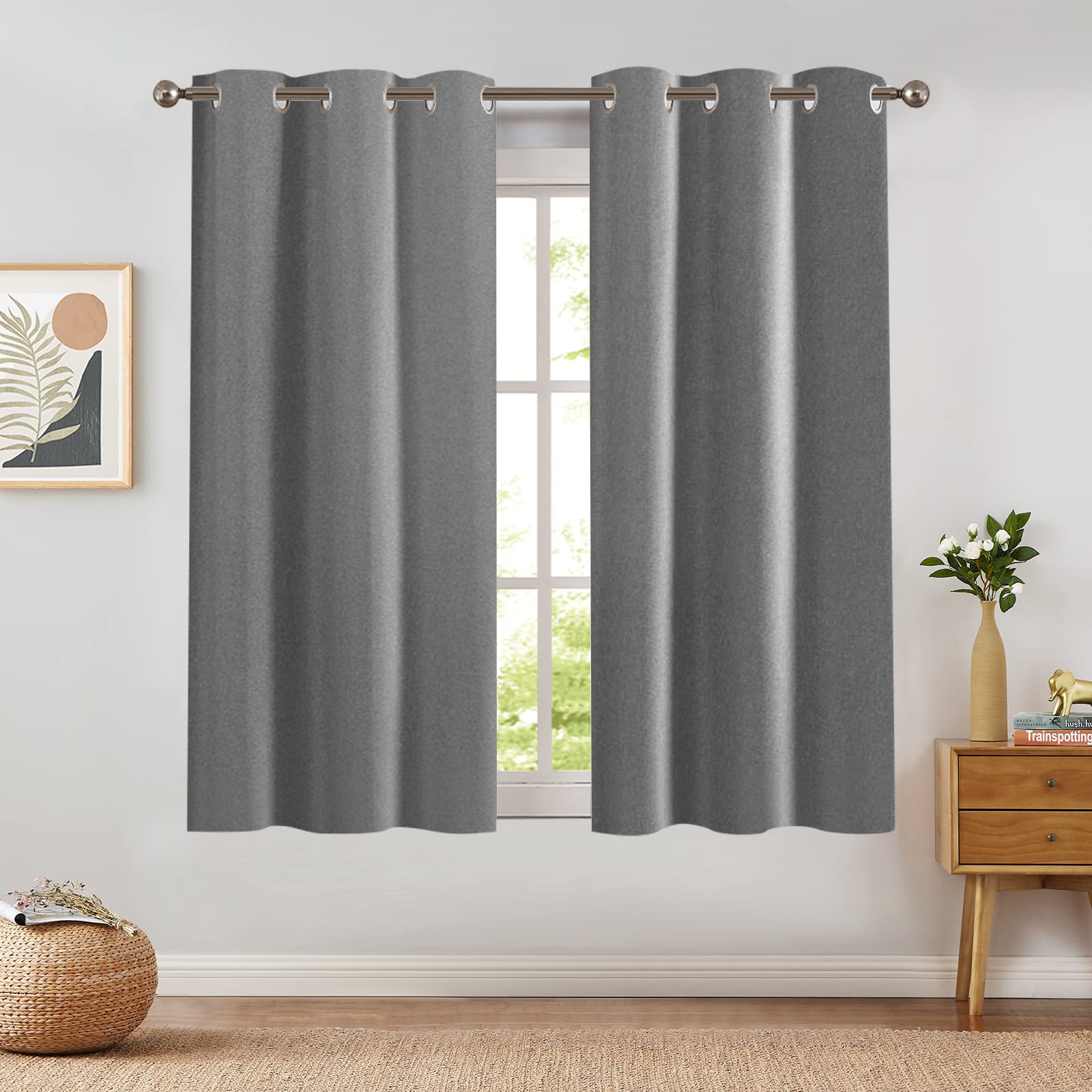 Jinchan Linen Fabric Curtain Room Darkening Thermal Curtains Window Treatment For Bedroom 63 Inch Long Thermal Insulated Living Room Curtain Grey 1 Panel