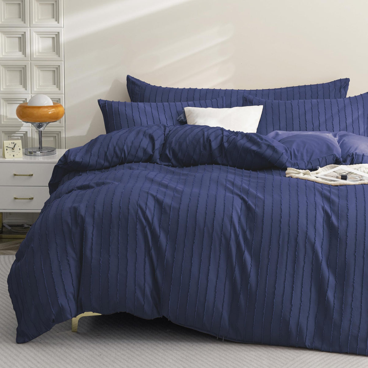 Jellymoni Navy Blue Duvet Cover Queen Size - 3Pcs Microfiber Tufted Duvet Cover Set, Boho Striped Tufted Textured Duvet Cover Wi