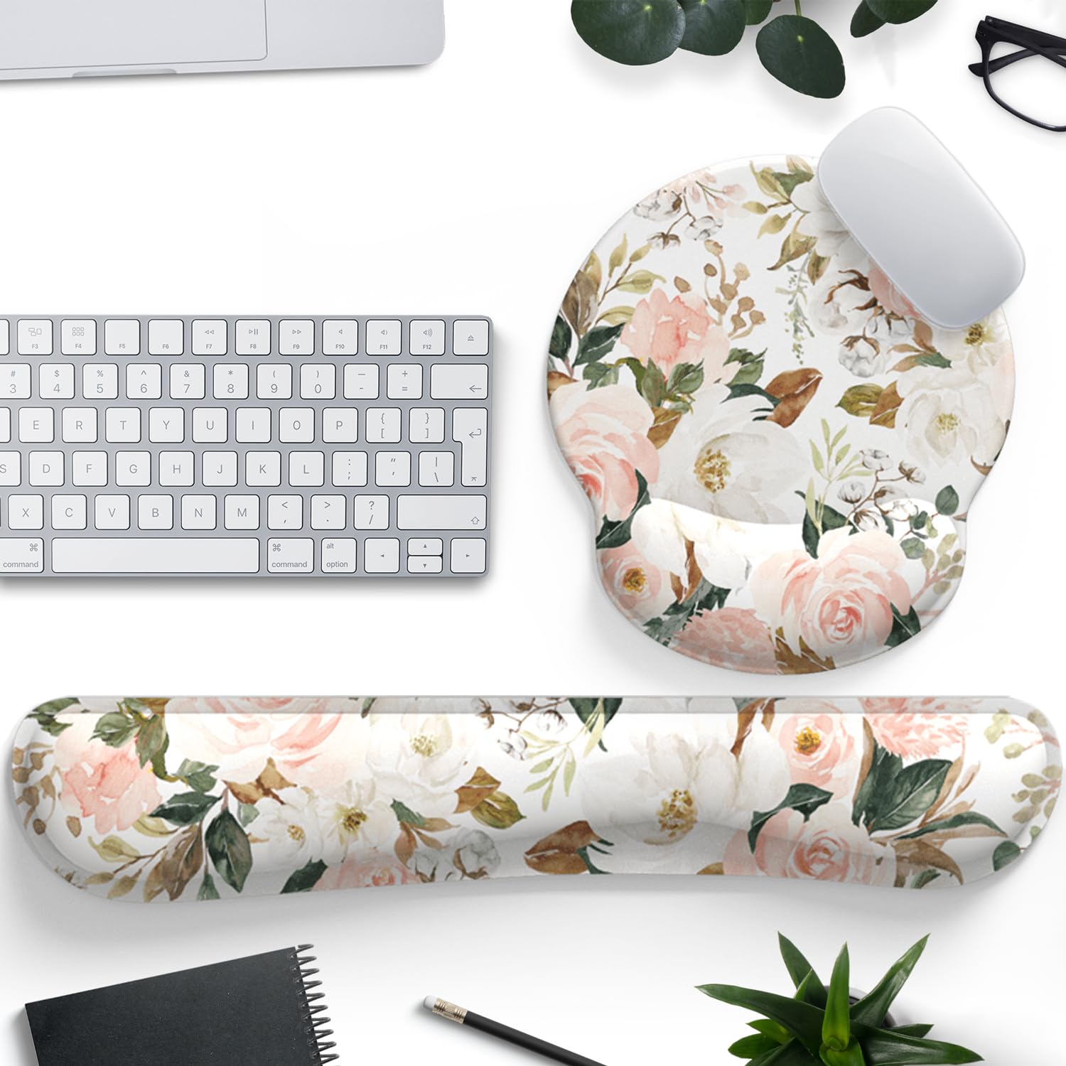 Pink Flower Desktop Mat Aesthetic Wrist Support Keyboard Mouse Wrist Rest Set, Computer Office Comfortable Wrist Rest For Mouse