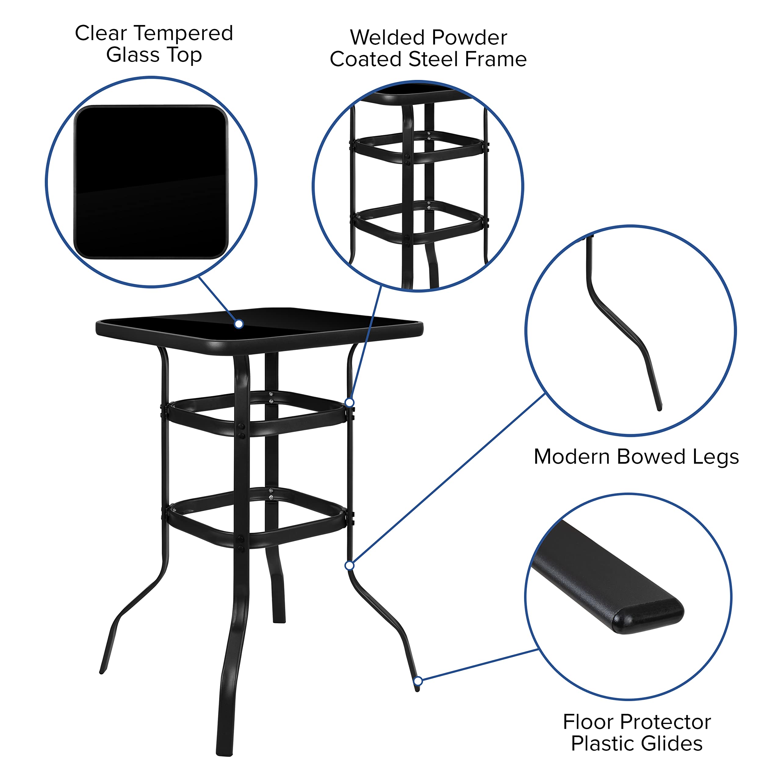 Flash Furniture Brazos Bar Table Set - 5 Piece Glass Brazos Bar Table with 4 Navy Patio Bar Stools - Brazos Outdoor Chairs