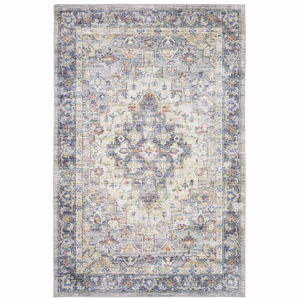 HomeRoots 509520 9 x 12 ft. Blue Gold Gray Orange Yellow & Purple Oriental Power Loom Stain Resistant Rectangle Area Rug
