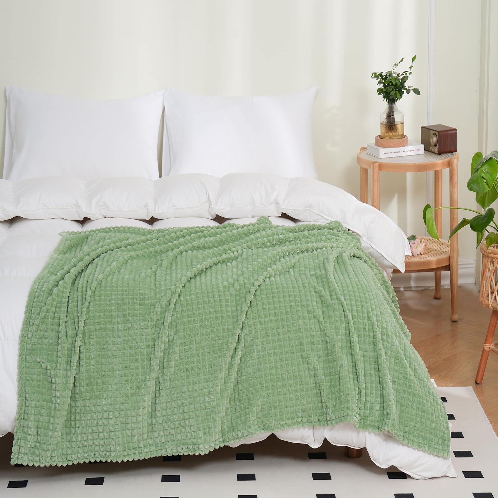 Puncuntex Flannel Fleece Throw Blanket Sage Green 108''  90'',Super Soft Plush Cozy Blanket With Square Grid Design Luxury For C