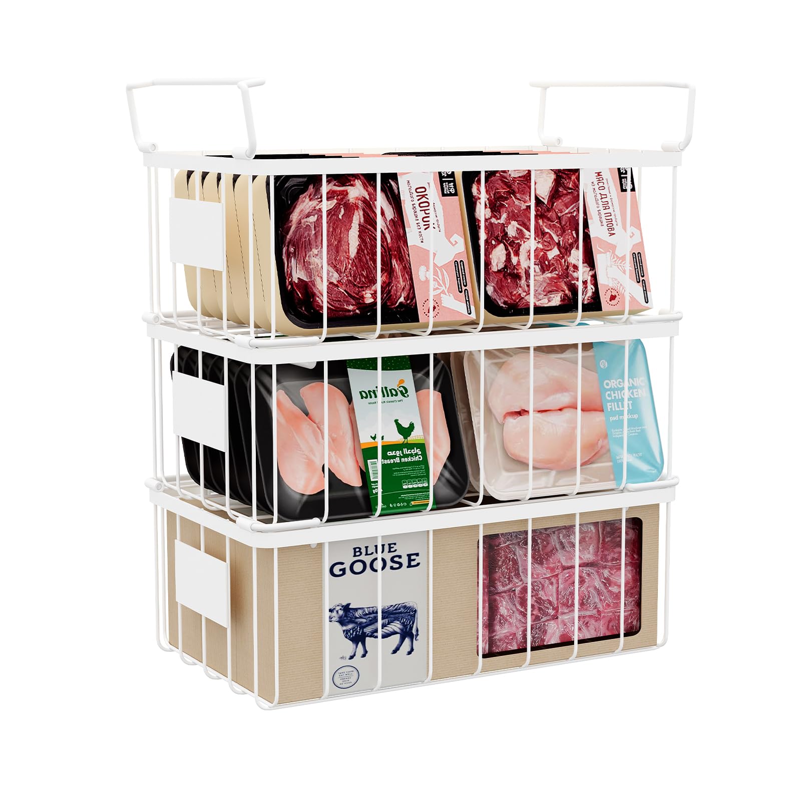 Y.Z.Bros Freezer Storage Organize Baskets - 3 Pack Stackable Deep Freezer Organizer Bins For Most 7 Cu.Ft Chest Freezer With Han