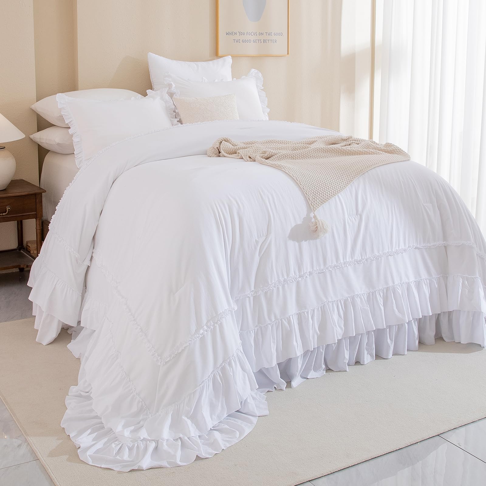Masaca Oversized King Comforter 128X120,White Shabby Boho Chic Farmhouse Bedding Comforter With Ruffles,3 Pieces Vintage Lightwe