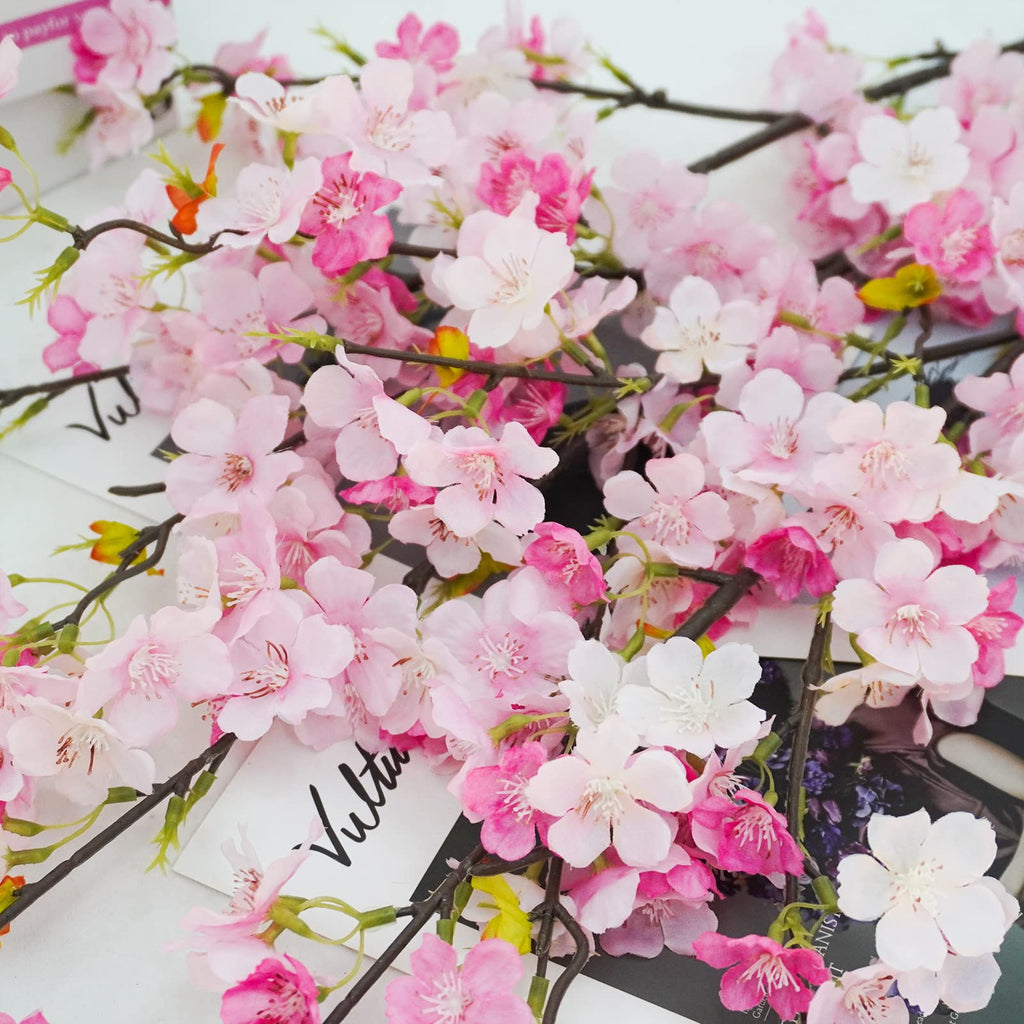Obbsie 4Pcs Artificial Cherry Blossom Flower Branches, 39.4' Fake Silk Pink Cherry Blossom Tree Stems Faux Cherry Flowers Vase