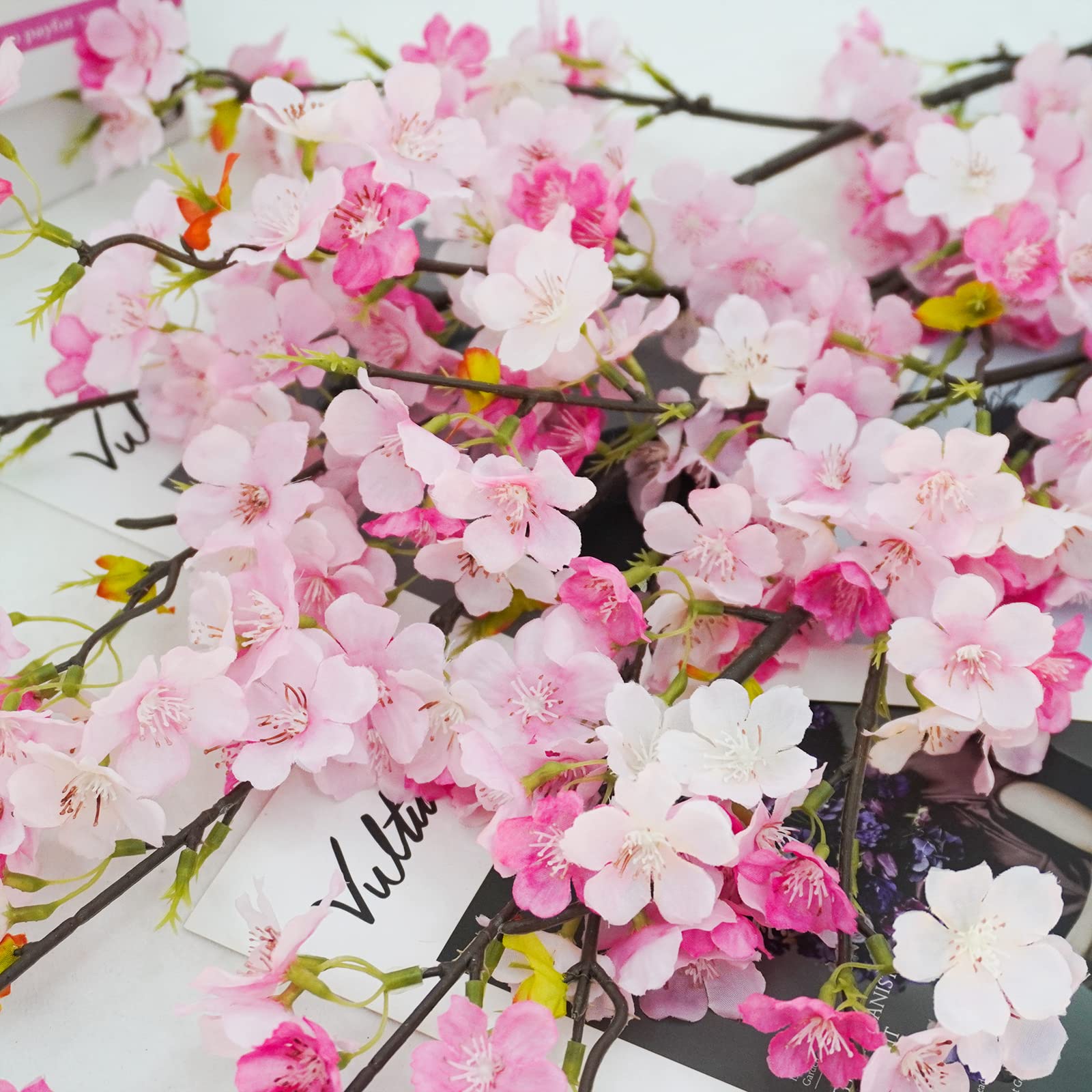 Obbsie 4Pcs Artificial Cherry Blossom Flower Branches, 39.4' Fake Silk Pink Cherry Blossom Tree Stems Faux Cherry Flowers Vase
