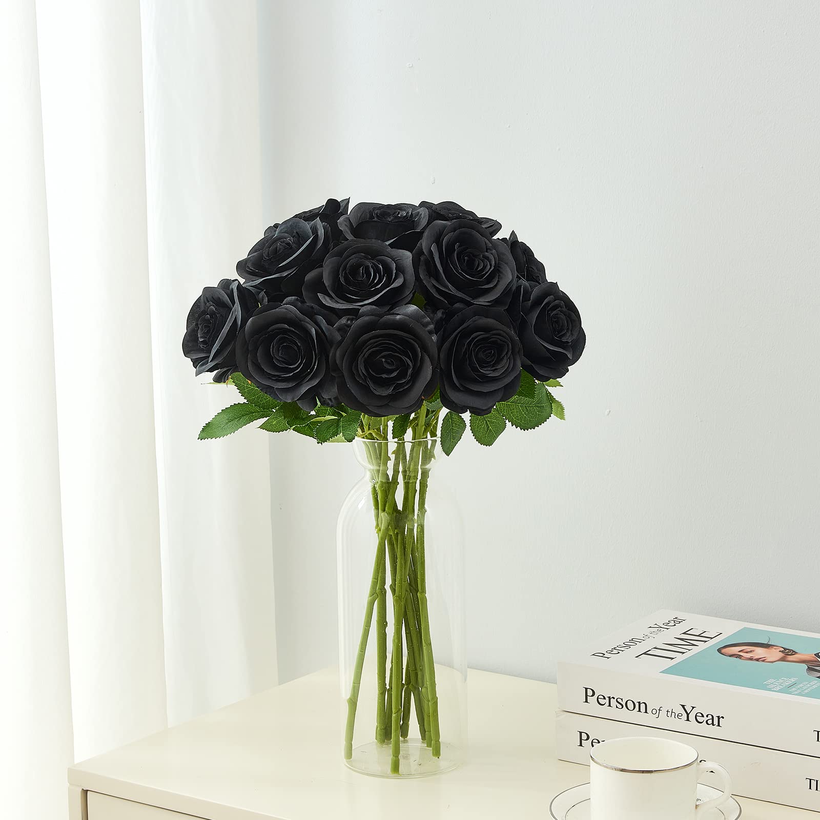 Helera 12Pc Black Roses Artificial Flowers Fake Roses Silk Realistic Roses Bouquet Flowers With Long Stems For Wedding Home Part