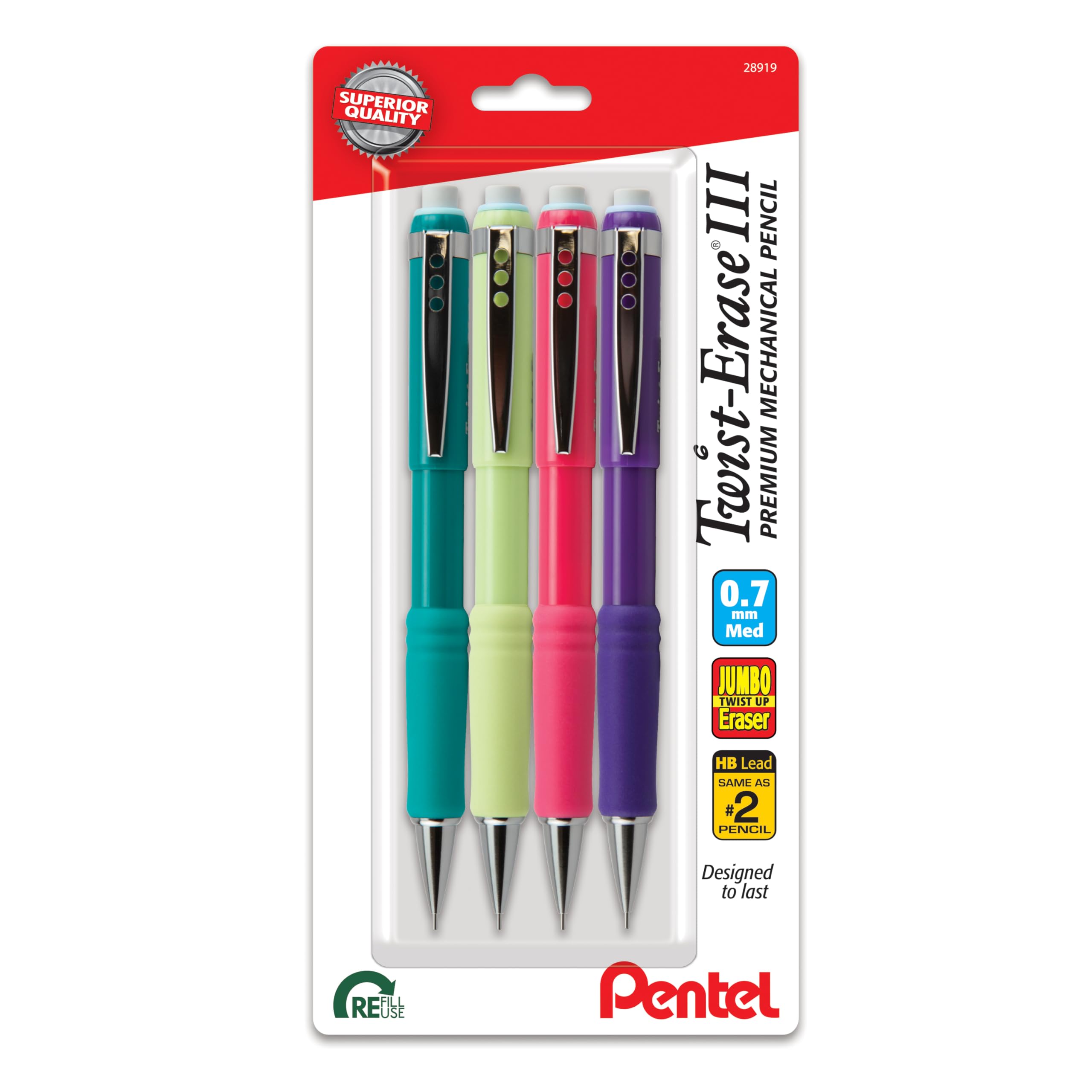 Pentel Twist-Erase Iii Mechanical Pencil, (0.7Mm), Medium Line, Assorted Fashion Color Barrels, Pack Of 4 (Qe517Fbp4M)