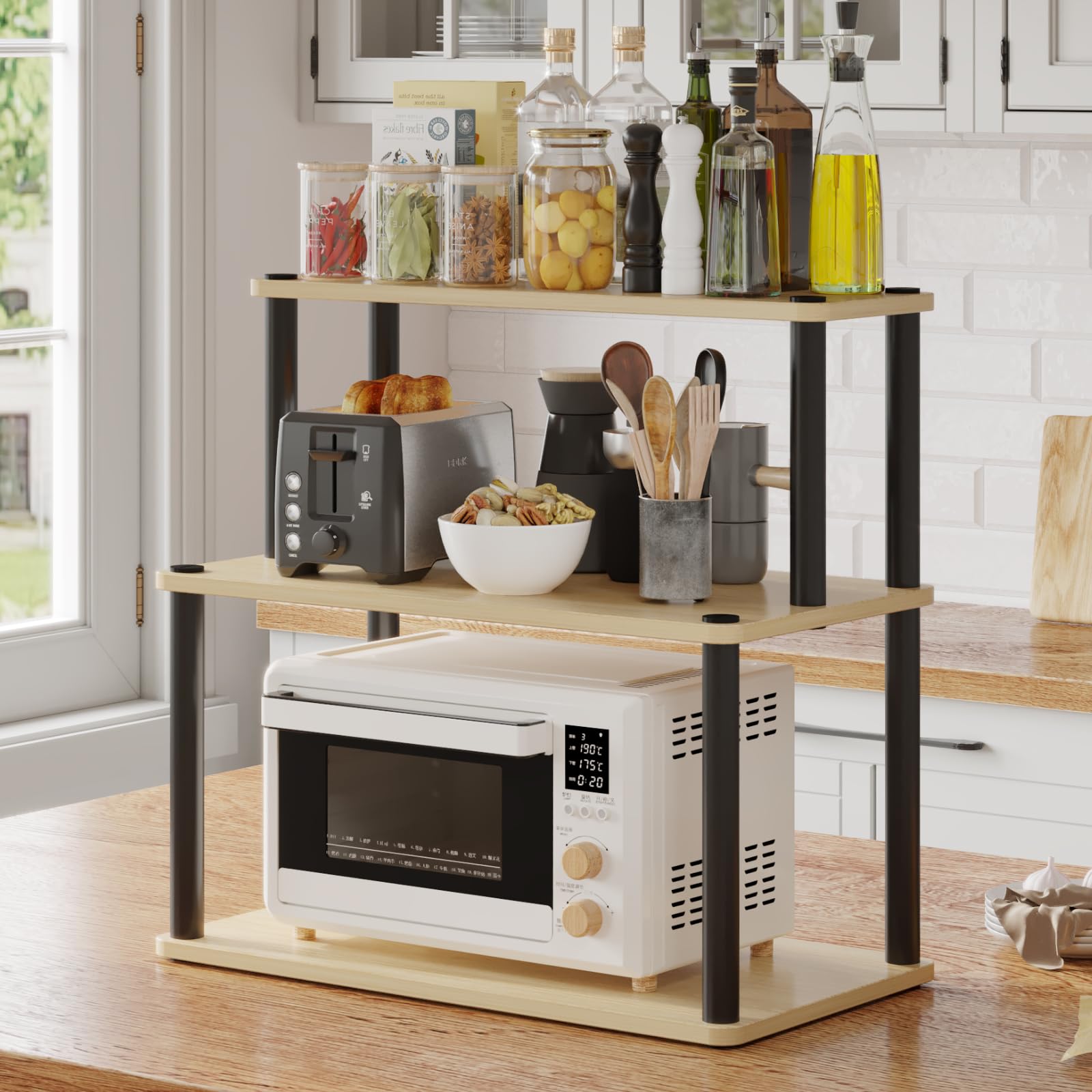 Home Cube Engineered Wood,Plastic 3 Layer Countertop Kitchen Microwave Stand,BakerS Rack,Otg Stand,Kitchen Storage Rack With Sh