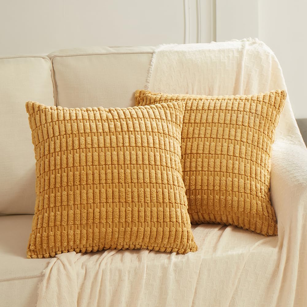 Fancy Homi 2 Packs Mustard Yellow Decorative Throw Pillow Covers 20X20 Inch For Living Room Couch Bed Sofa, Soft Striped Corduro