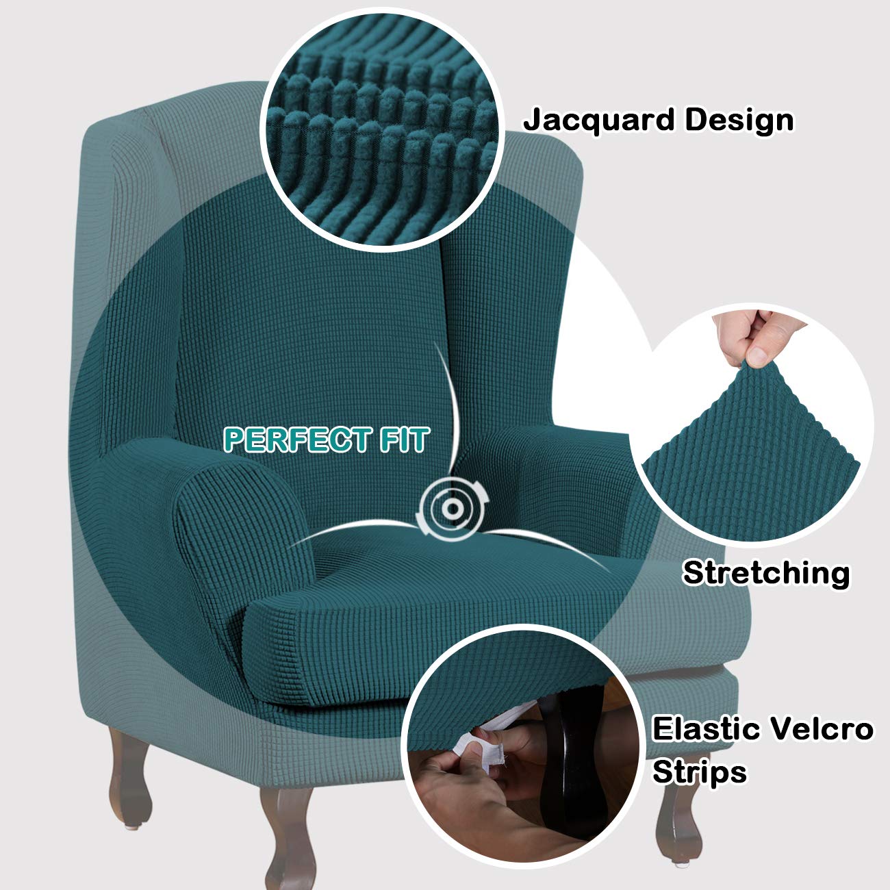 Turquoize Wingback?hair?overs 2 Piece?ing?hair?lipcover Stretch Slipcovers For Wingback Chairs Wing Chair Cover Spandex Jacquard Fabric With Elastic Bottom Non-Slip Furniture Cover, Deep Teal