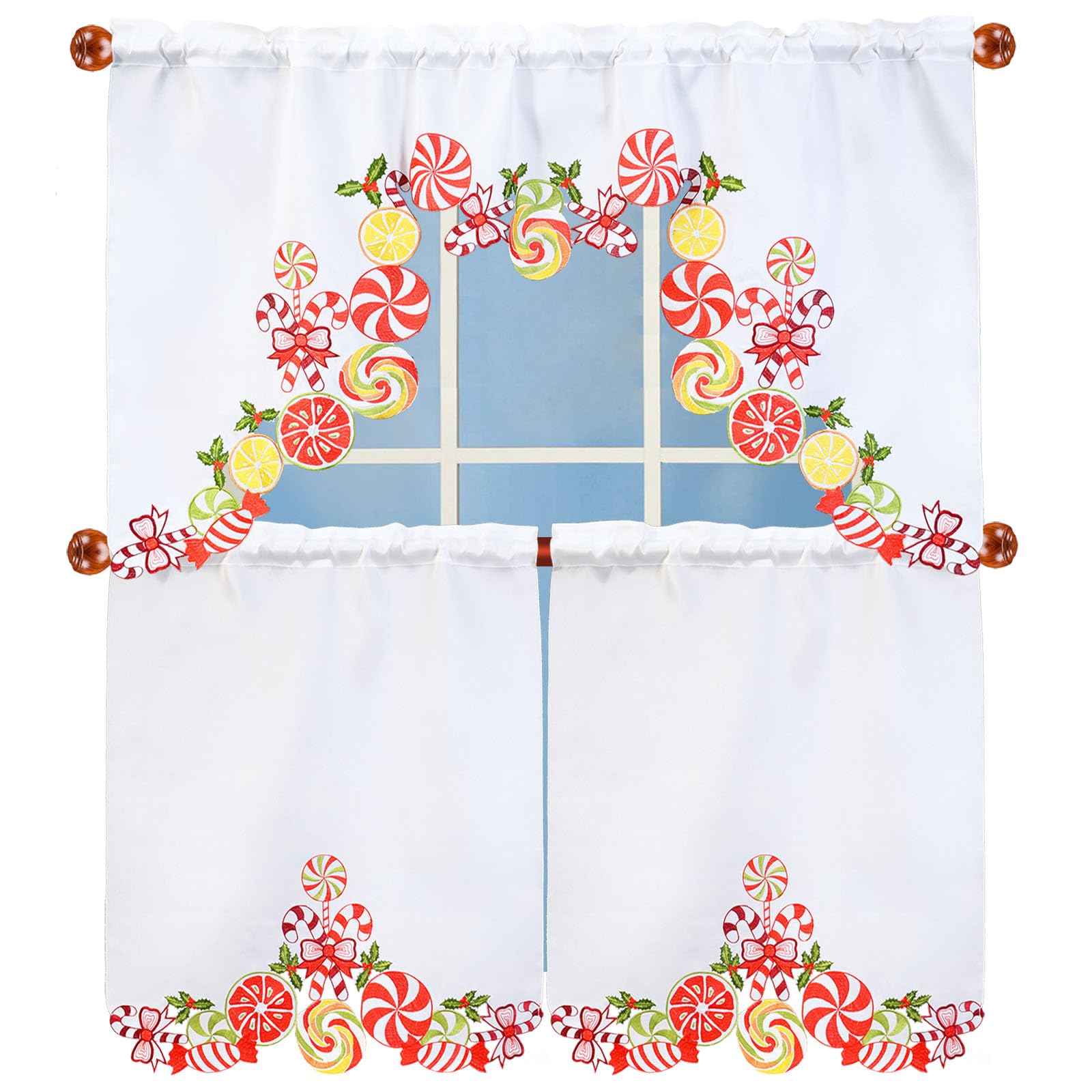Simhomsen Embroidered Candy Cane Kitchen Window Curtain Swag and Tiers Set for Christmas Holiday (Candy Cane)