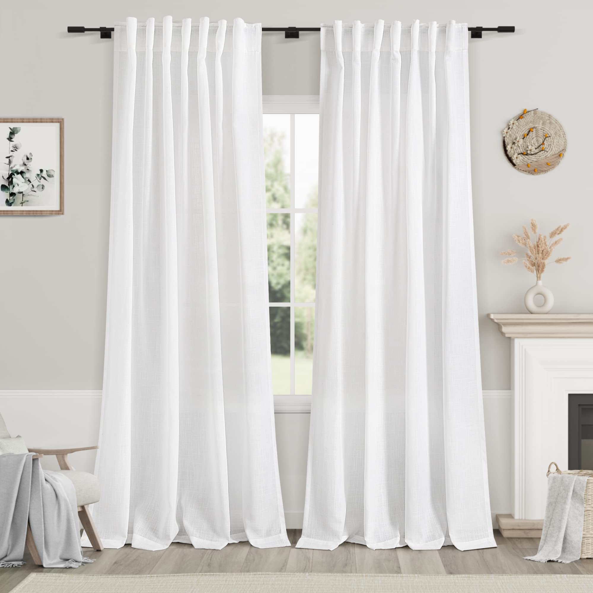 White Linen Curtains 84 inches Long for Bedroom Back Tab Light Filtering Privacy Sheer White Curtains Modern Farmhouse Coastal D