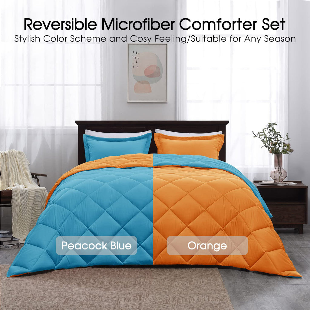 Basic Beyond King Size Comforter Set - Peacock Blue And Orange Comforter Set, Reversible King Bed Comforter Set For All Seasons, 1 Comforter (104'X92') And 2 Pillow Shams (20'X36'+2')