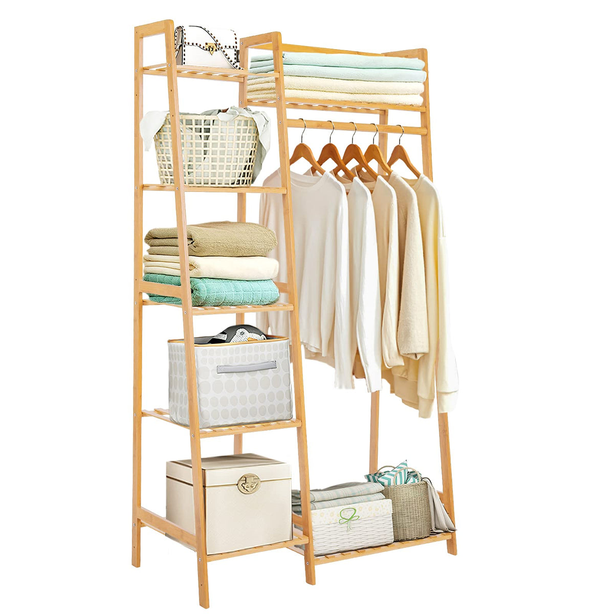 Jotsport Bamboo Clothes Rack with 7 Tier Storage Shelves Child Garment Rack