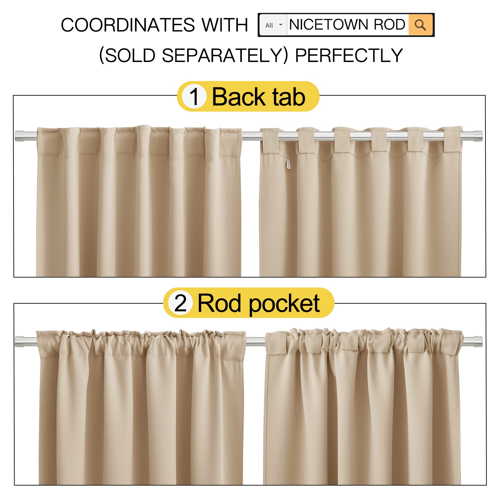 Nicetown Window Treatment Room Darkening Curtains - (Biscotti Beige Color) 42 Width X 84 Length, 1 Pair, Solid Thermal Insulated Blackout Rod Pocket & Back Tab Curtains And Drapes For Bedroom