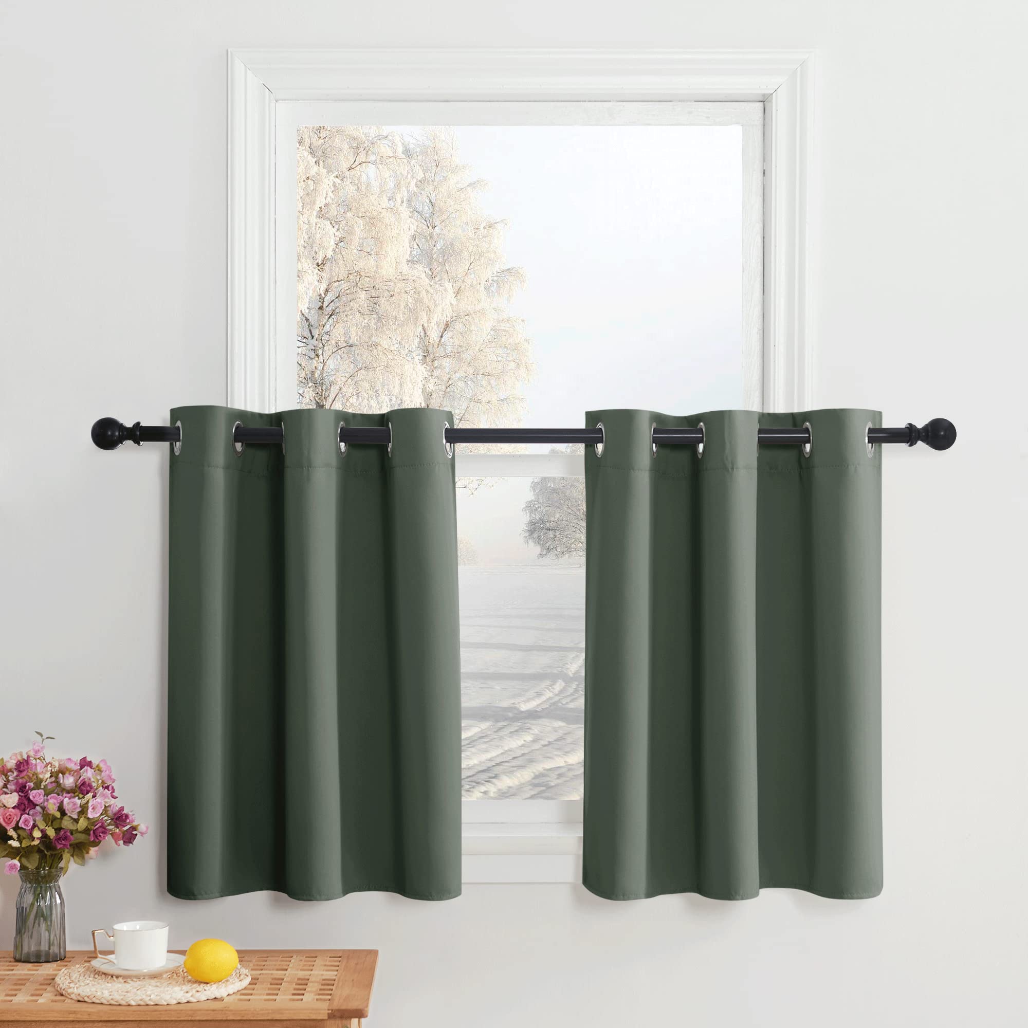 Nicetown Short Curtains, Farmhouse Style Kitchen Short Small Curtain Grommet Thermal Insulated Valance Tiers For Bedroom Window, 2 Pieces, 42' Width X 30' Length, Dark Mallard