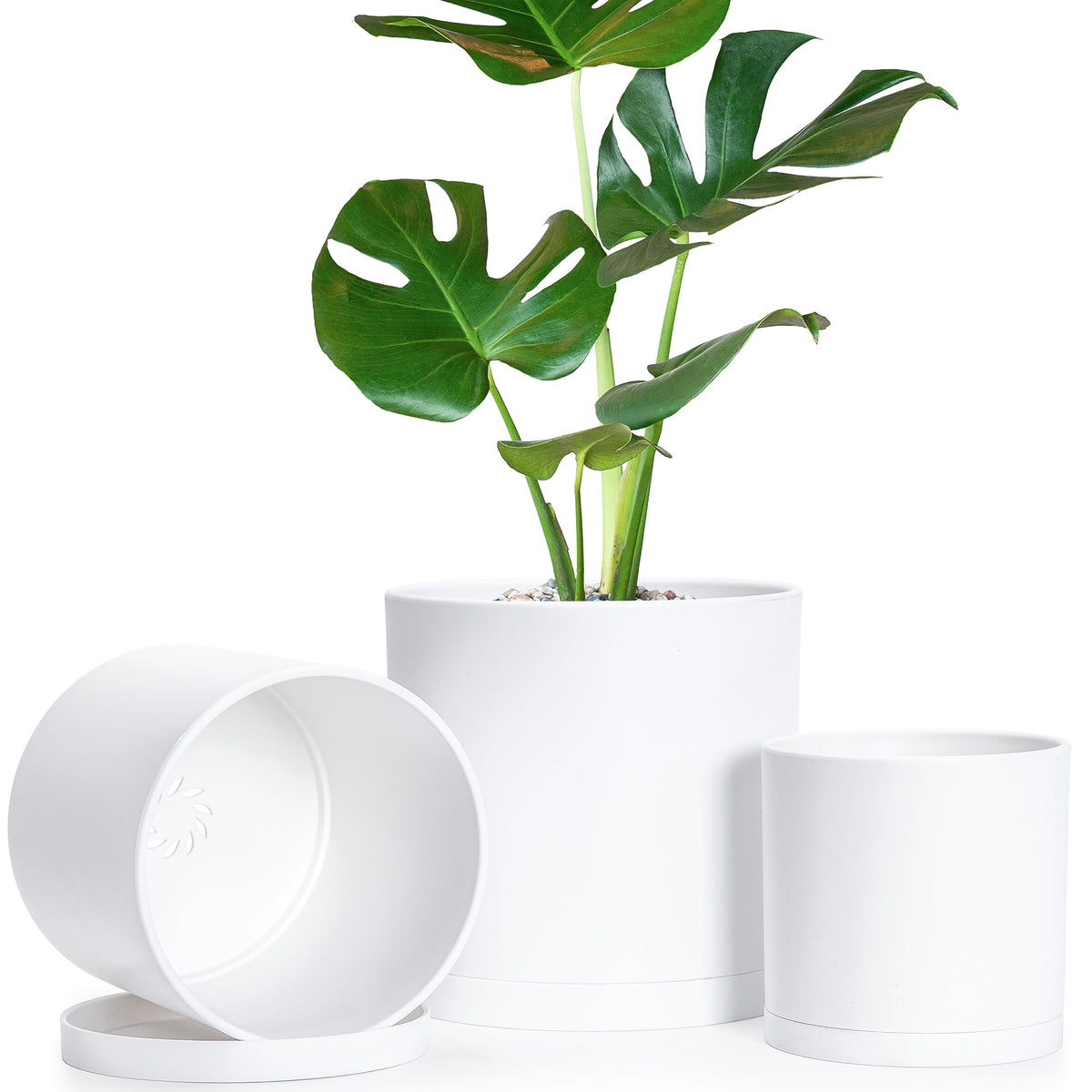 D'Vine Dev 4.5 Inch 5.5 Inch 6.5 Inch, Set Of 3 Plastic Planter Pots For Plants With Drainage Hole And Seamless Saucers, White C