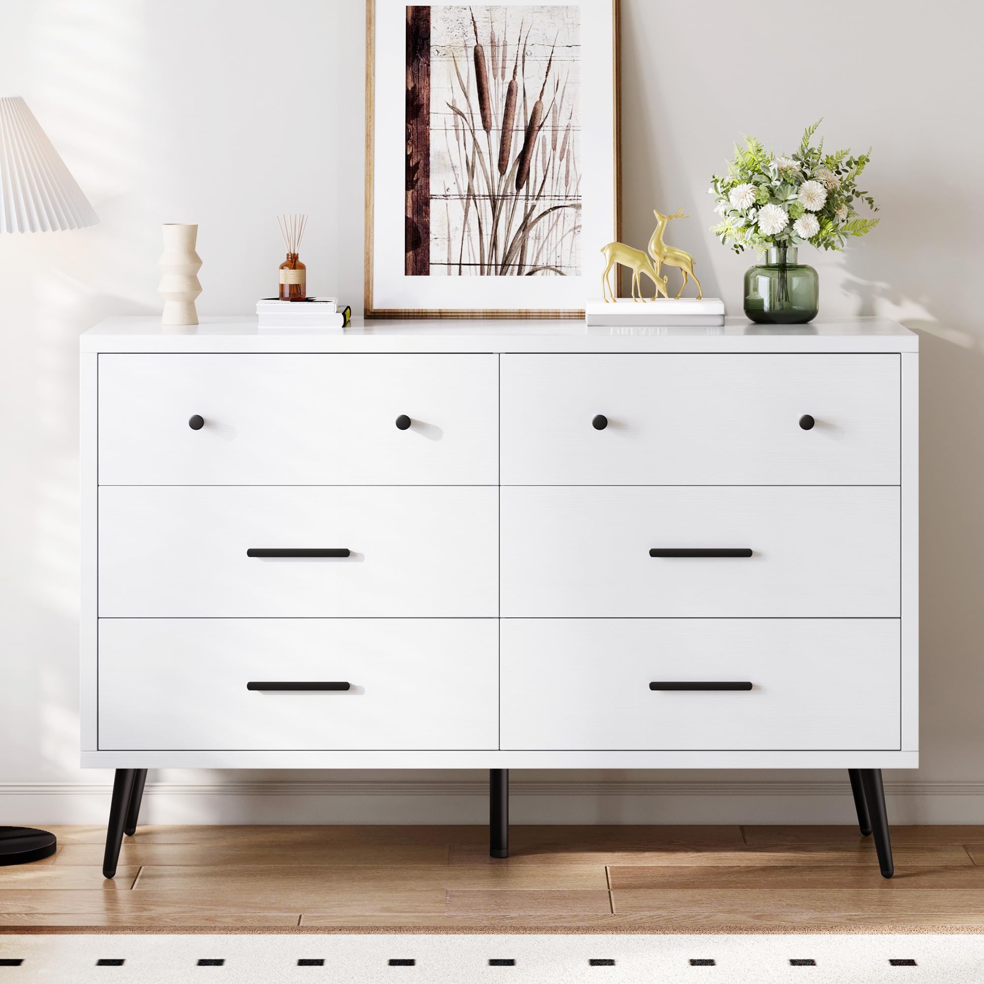 DWVO White 6 Drawers Dresser, Modern Wood Dresser Chest of Drawers with Black Metal Handle & Anti-Tipping Device, Modern Storage