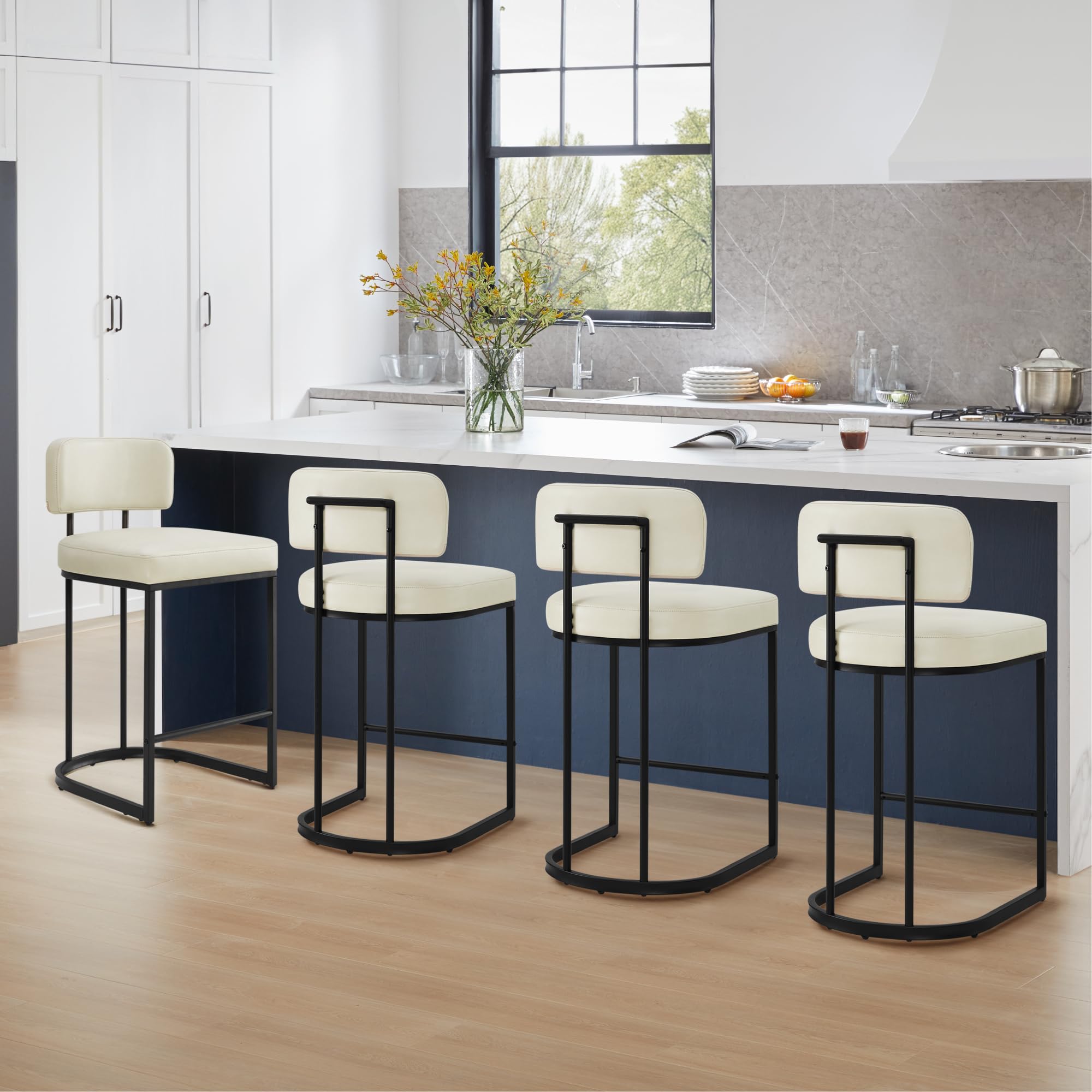 26 H Counter Height Bar Stools Set of 4, Modern Faux Leather Upholstered Barstools with Backrest for Kitchen Island, Black Metal