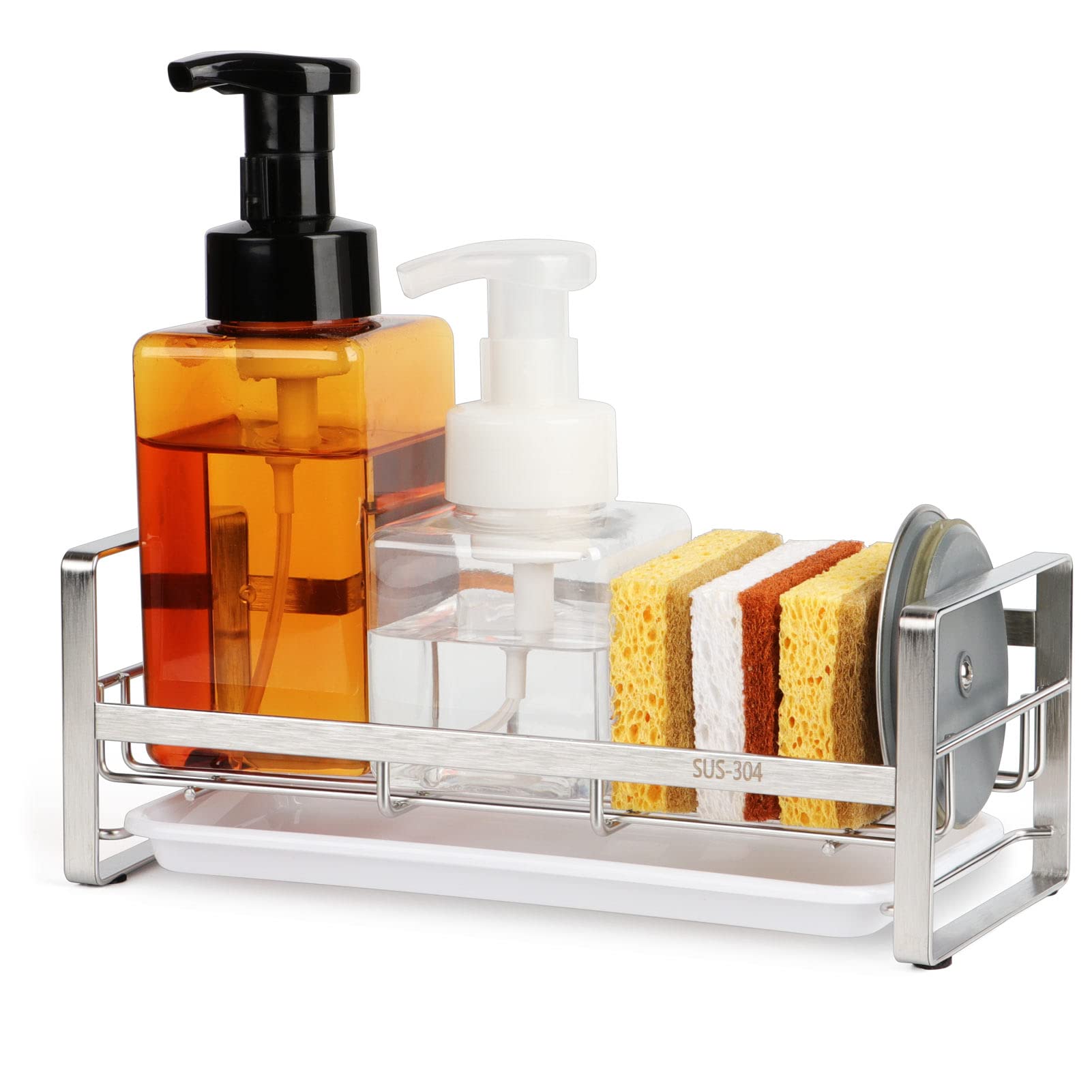 FANGSUN Large Kitchen Sponge Holder, Sink Caddy, Sponge Brush Soap Holder with Removable Tray, Not Include Soap Dispenser, Slive