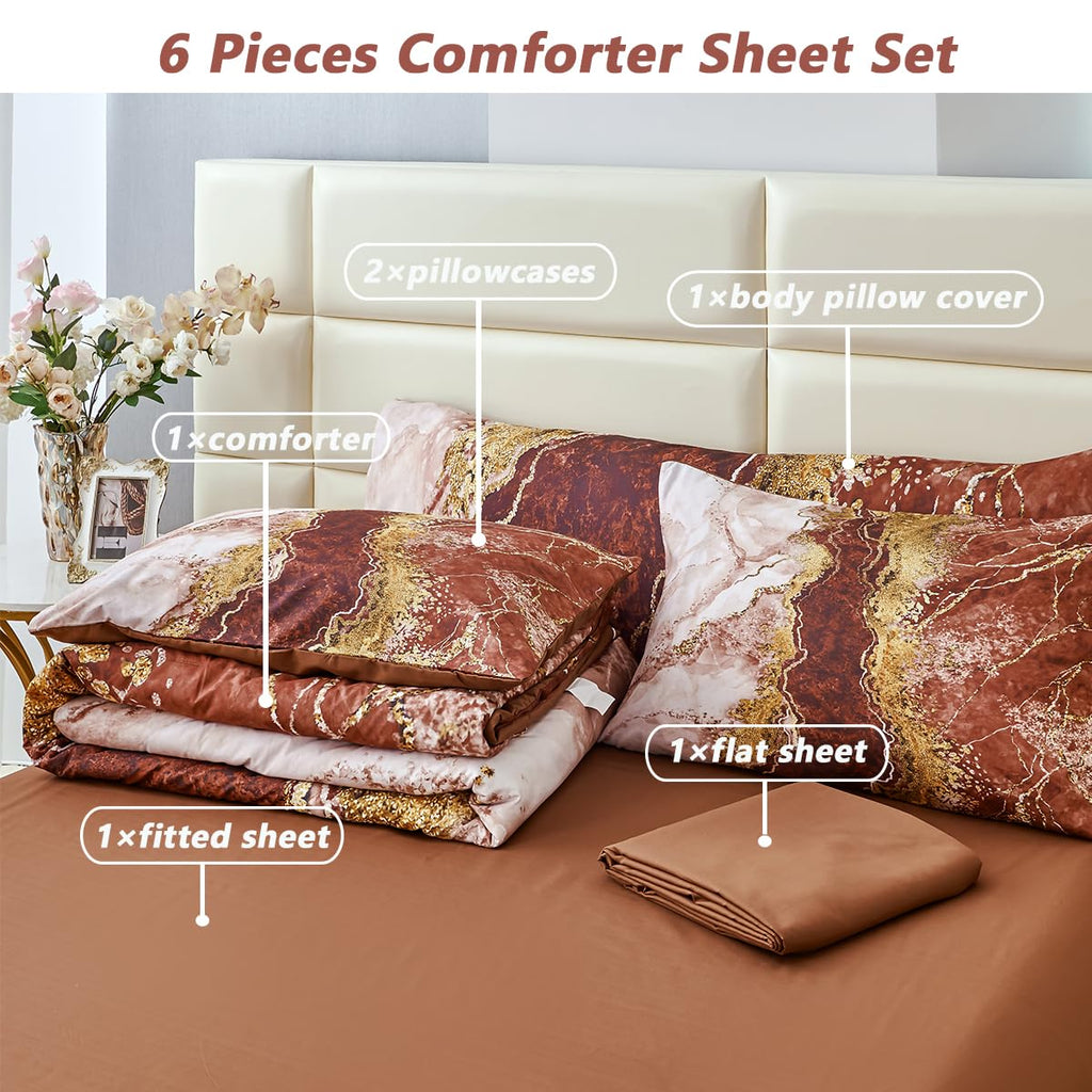 Perfemet 6 Piece Coffee Brown Bed In A Bag Full Watercolor Marble Brown Bedding Comforter Set Aesthetic Artwork Style Bed Set Wi