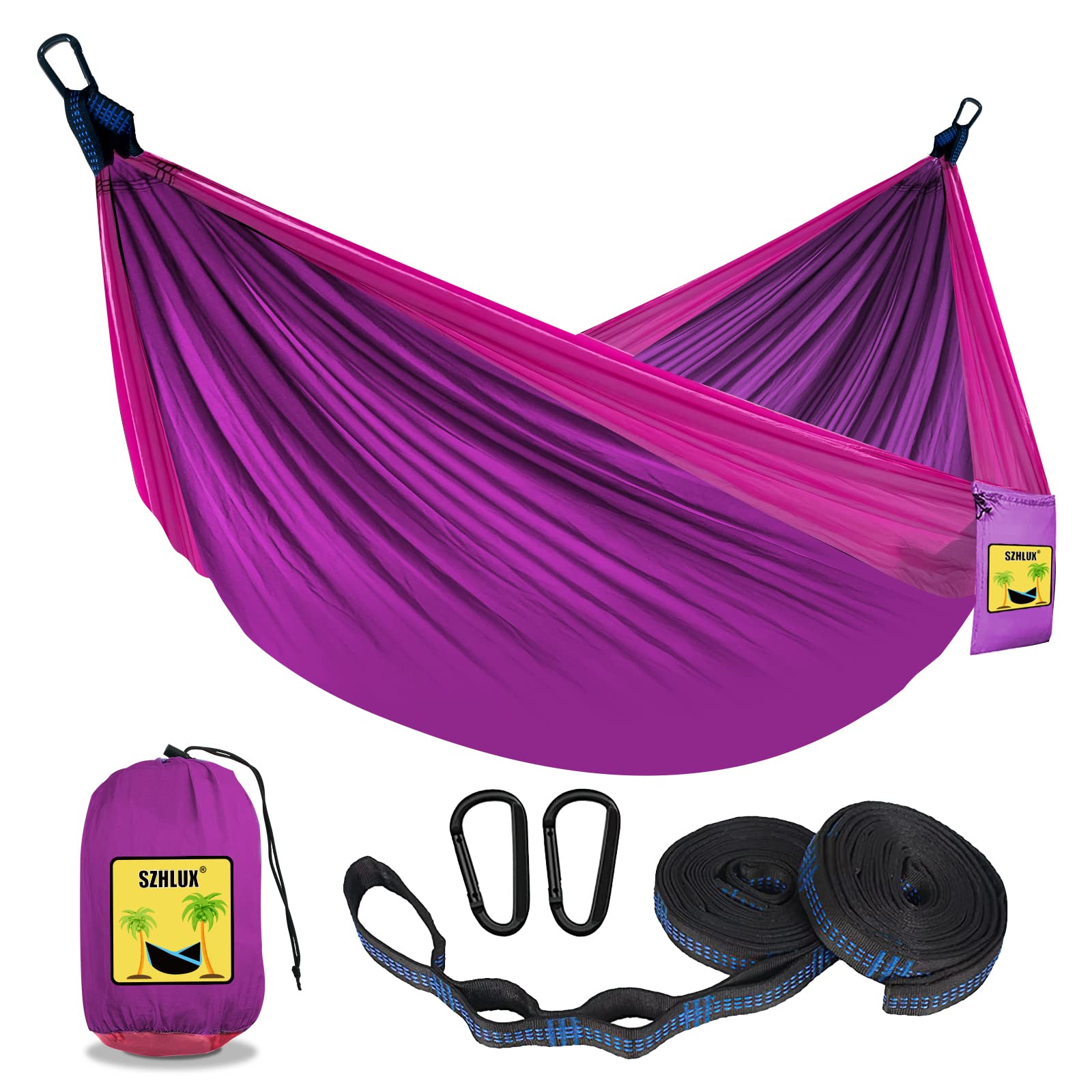 SZHLUX Camping Hammock Double & Single Portable Hammocks with 2 Tree Straps and Attached Carry Bag,Great for Outdoor,Indoor,Beac