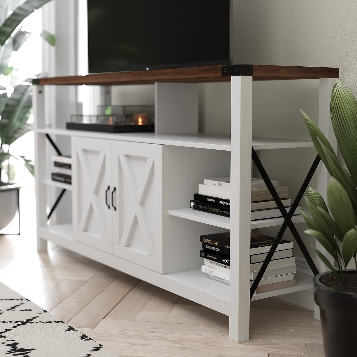 Flash Furniture Wyatt 60&Quot; Modern Farmhouse Tall Tv Stand - White Console Cabinet - Rustic Oak Top - Adjustable Middle Shelf - Fixed Shelves - For Tv'S Up To 60&Quot;