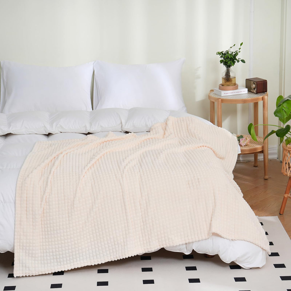 Puncuntex Flannel Fleece Throw Blanket Cream White 108''  90'',Super Soft Plush Cozy Blanket With Square Grid Design Luxury For
