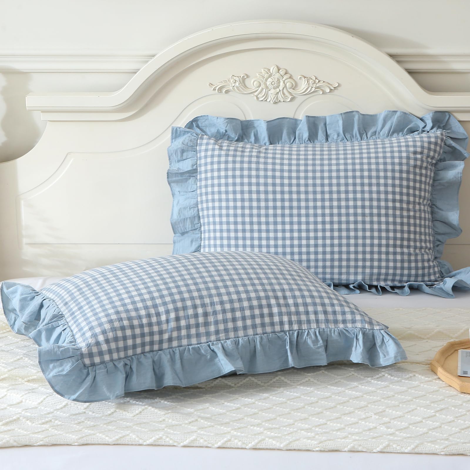 Mywinlle Blue Plaid Ruffle Pillowcases Farmhouse Pillow Shams Standard,Shabby Checkered Pillow Cover Washed Cotton Pillow Covers