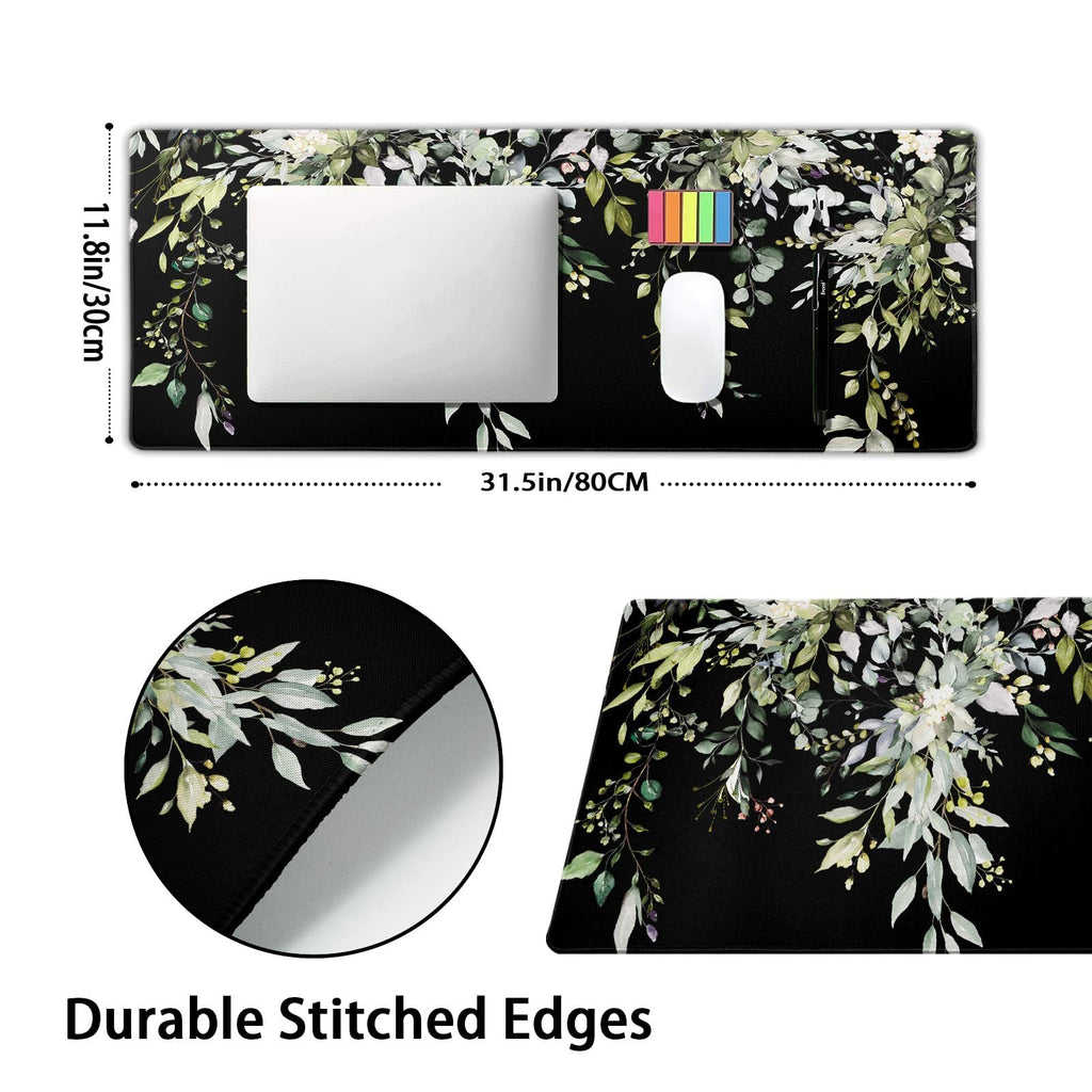 Sage Green Leaves Gaming Mouse Pad Xl Spring Summer Floral Extended Large Desk Mat Black Big Mousepad Non-Slip Rubber Base Stitc