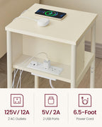 Vasagle Side Table With Charging Station, 3-Tier End Table With Usb Ports And Outlets, Nightstand For Living Room, Bedroom, 11.8 X 13.4 X 22.8 Inches, Plug-In Series, Cream White