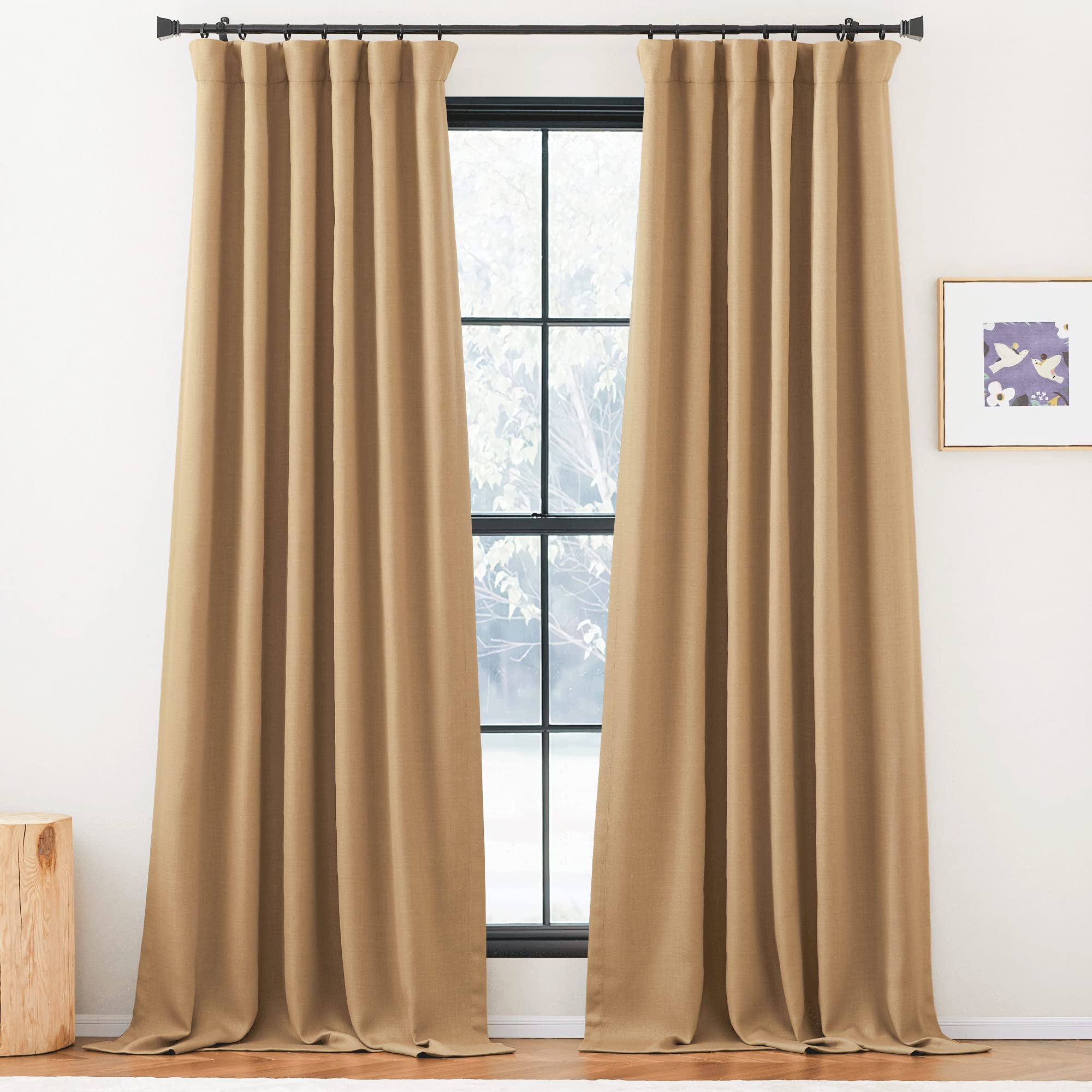 NICETOWN Thick Faux Linen Room Darkening Curtains 90 inches Long, Pinch Pleated Faux Linen Curtains Thermal Insulated Window Tre