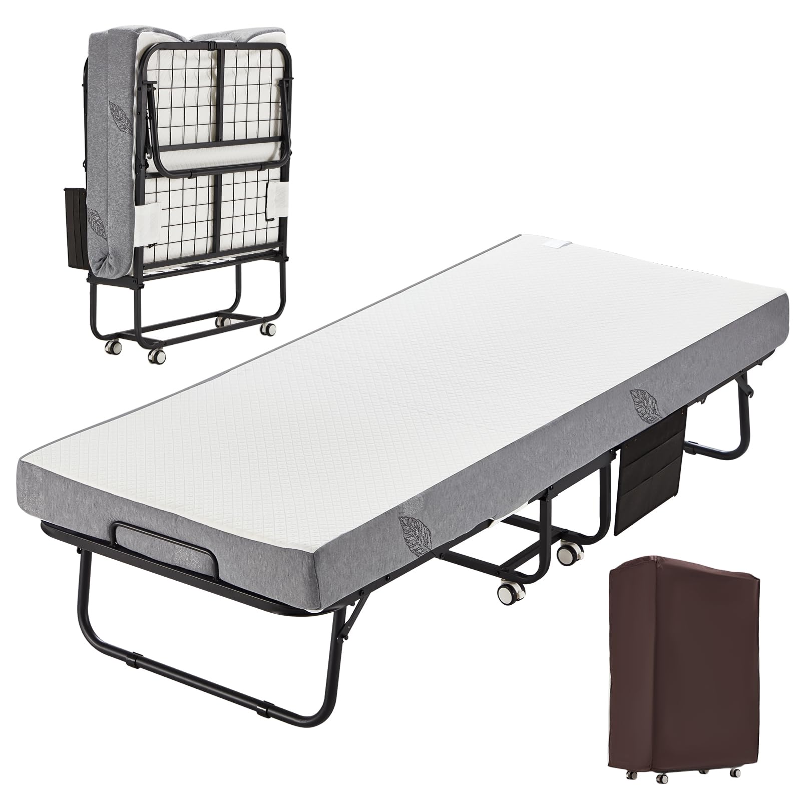 MELLCOM Folding Bed with Mattress,Portable Rollaway Guest Bed for Adults with 5 Inch Foam Mattress,Single Cot Size Foldable Bed 
