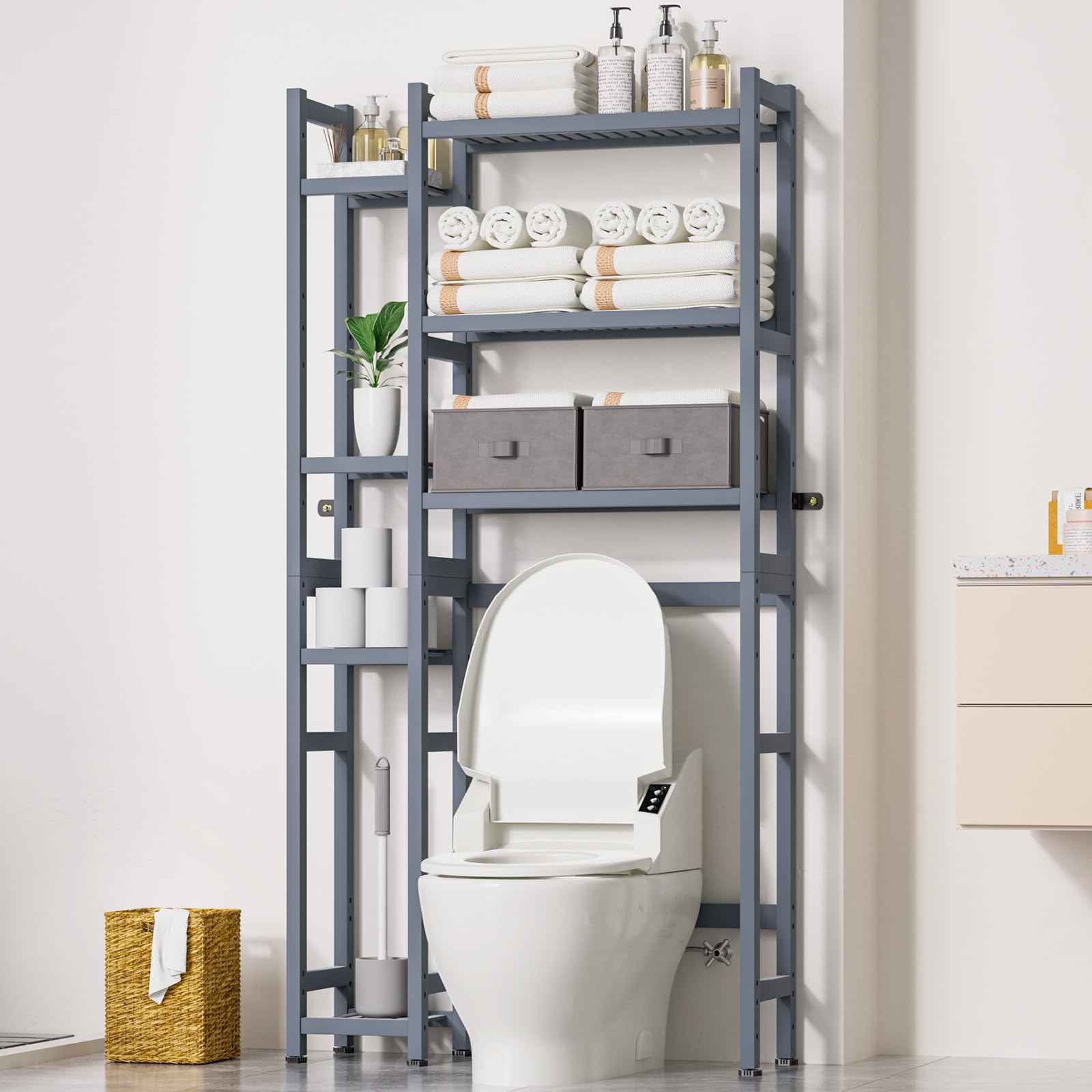 Homde Over The Toilet Storage With Basket And Drawer, Bamboo Bathroom Organizer With Adjustable Shelf & Waterproof Feet Pad, Space Saver Rack For Restroom, Laundry,Grey