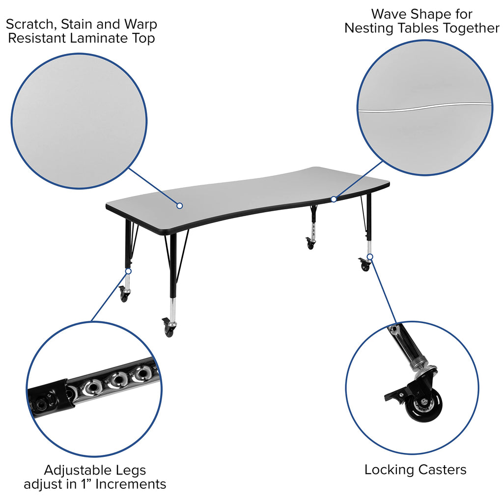 Flash Furniture Mobile 26"W x 60"L Rectangular Wave Collaborative Grey Thermal Laminate Activity Table - Height Adjustable Short Legs