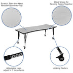 Flash Furniture Mobile 26"W x 60"L Rectangular Wave Collaborative Grey Thermal Laminate Activity Table - Height Adjustable Short Legs