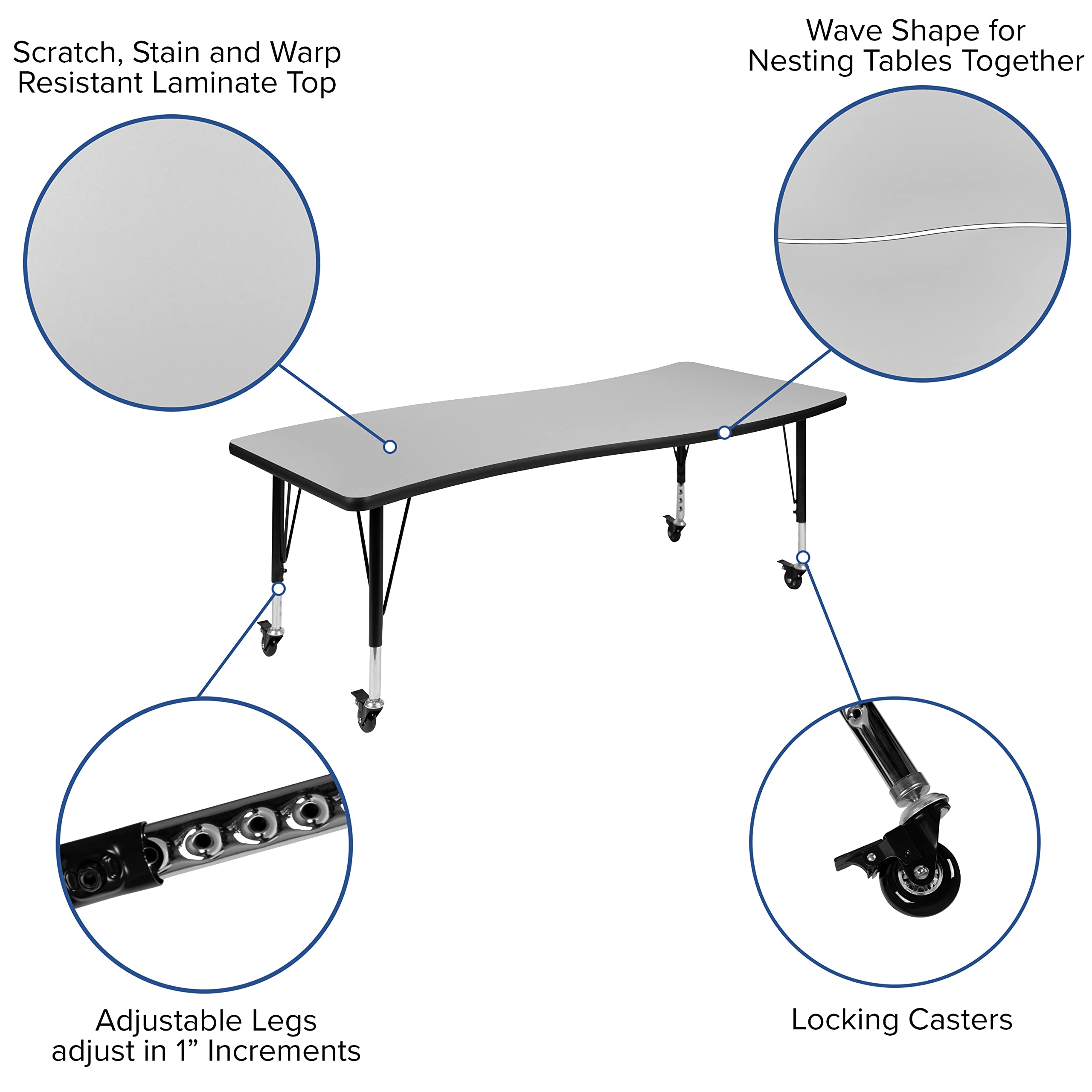 Flash Furniture Mobile 26"W x 60"L Rectangular Wave Collaborative Grey Thermal Laminate Activity Table - Height Adjustable Short Legs